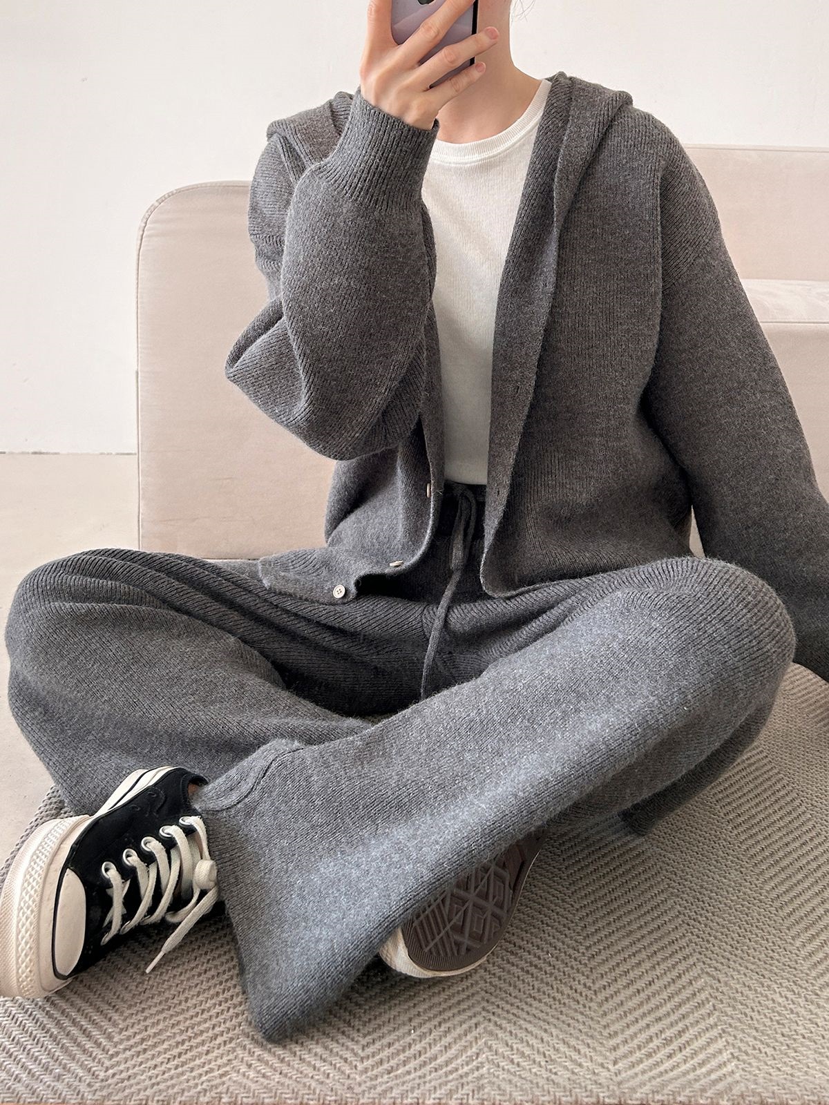 ニットボタンフードウエストゴムルーズ長袖セットアップパンツジップパーカー | 詳細画像3