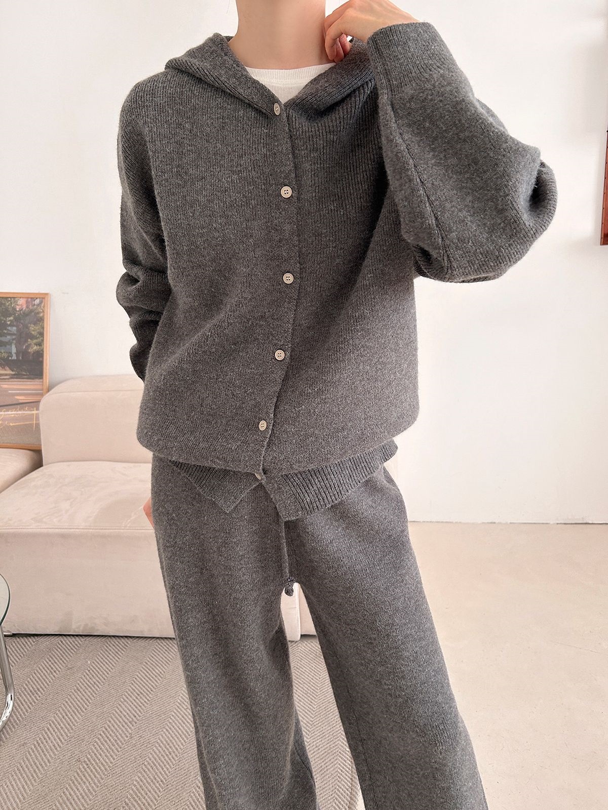 ニットボタンフードウエストゴムルーズ長袖セットアップパンツジップパーカー | 詳細画像4