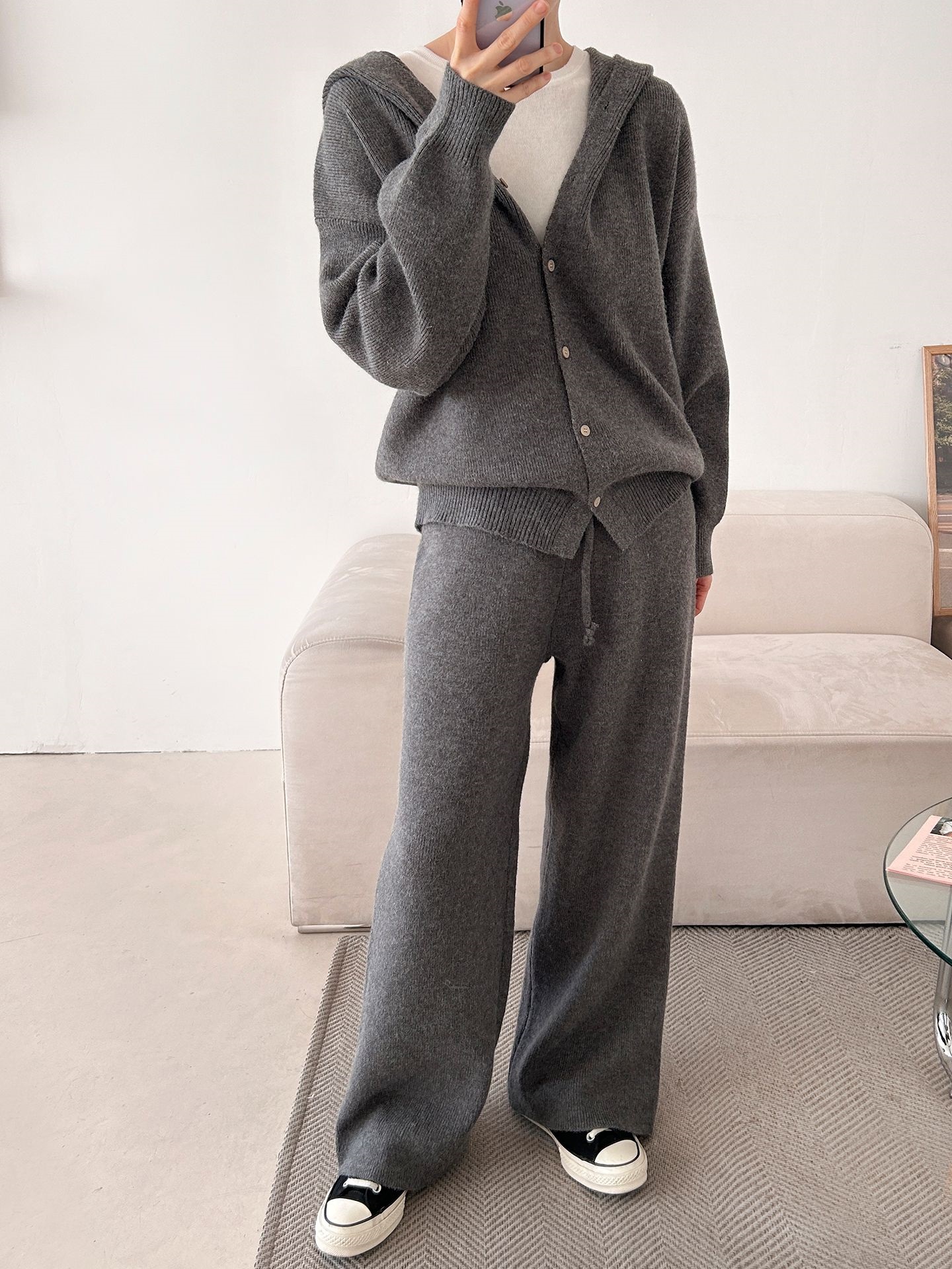 ニットボタンフードウエストゴムルーズ長袖セットアップパンツジップパーカー | 詳細画像5