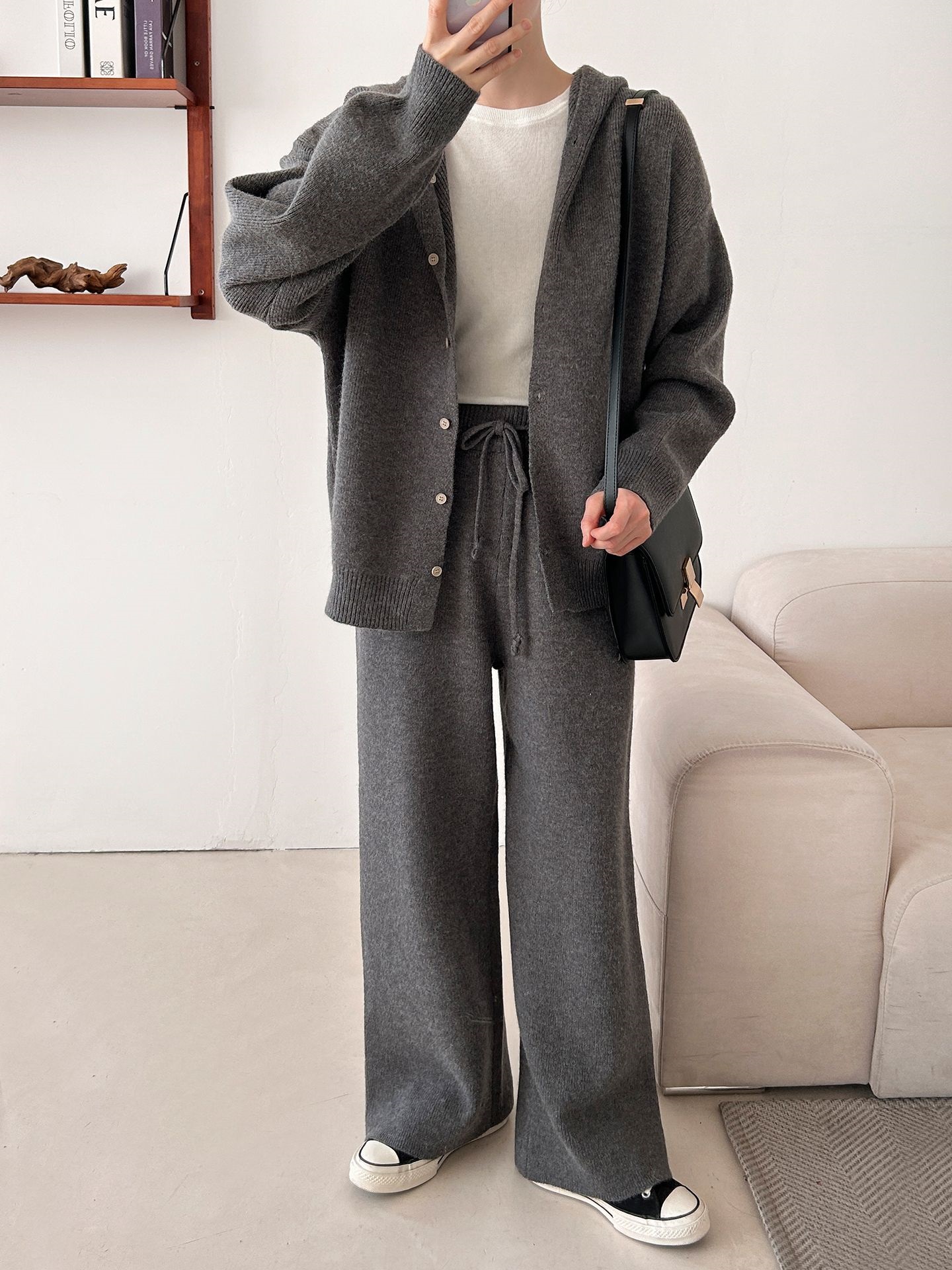 ニットボタンフードウエストゴムルーズ長袖セットアップパンツジップパーカー | 詳細画像6