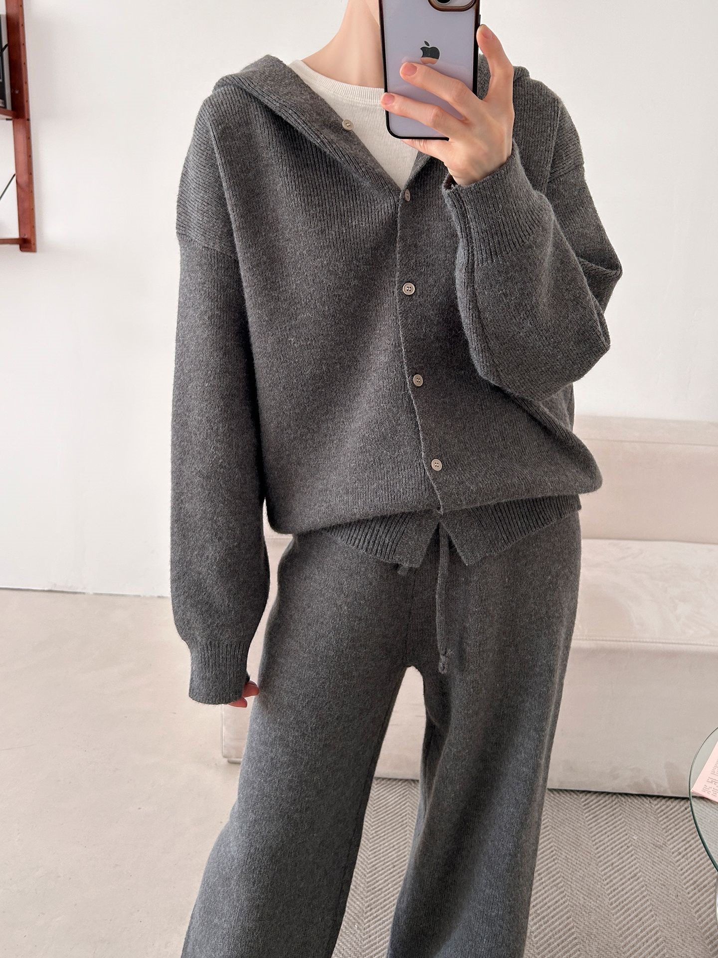 ニットボタンフードウエストゴムルーズ長袖セットアップパンツジップパーカー | 詳細画像7