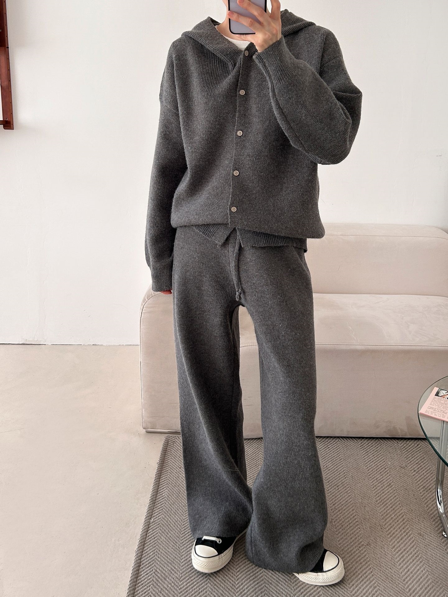 ニットボタンフードウエストゴムルーズ長袖セットアップパンツジップパーカー | 詳細画像8