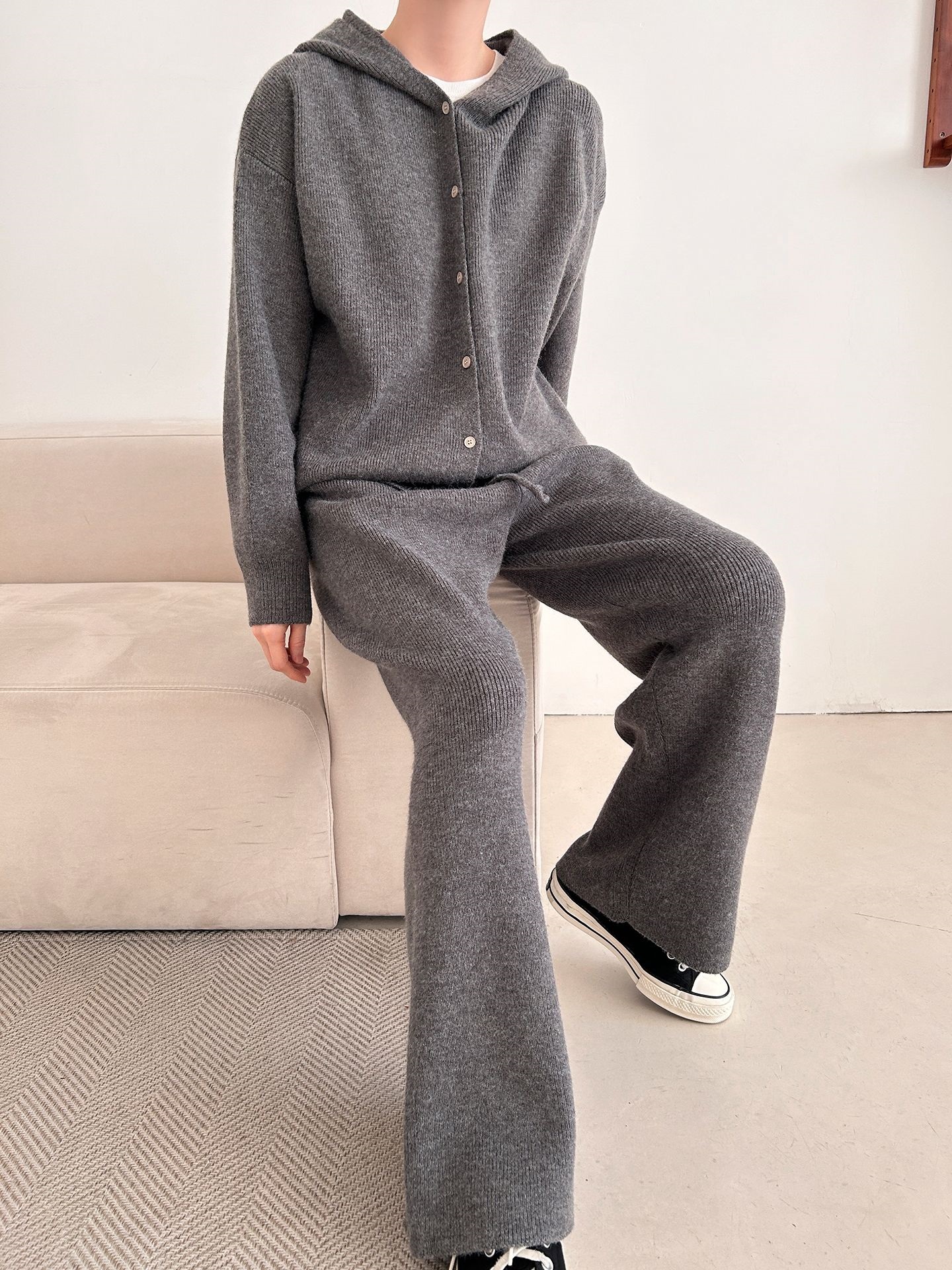 ニットボタンフードウエストゴムルーズ長袖セットアップパンツジップパーカー | 詳細画像9