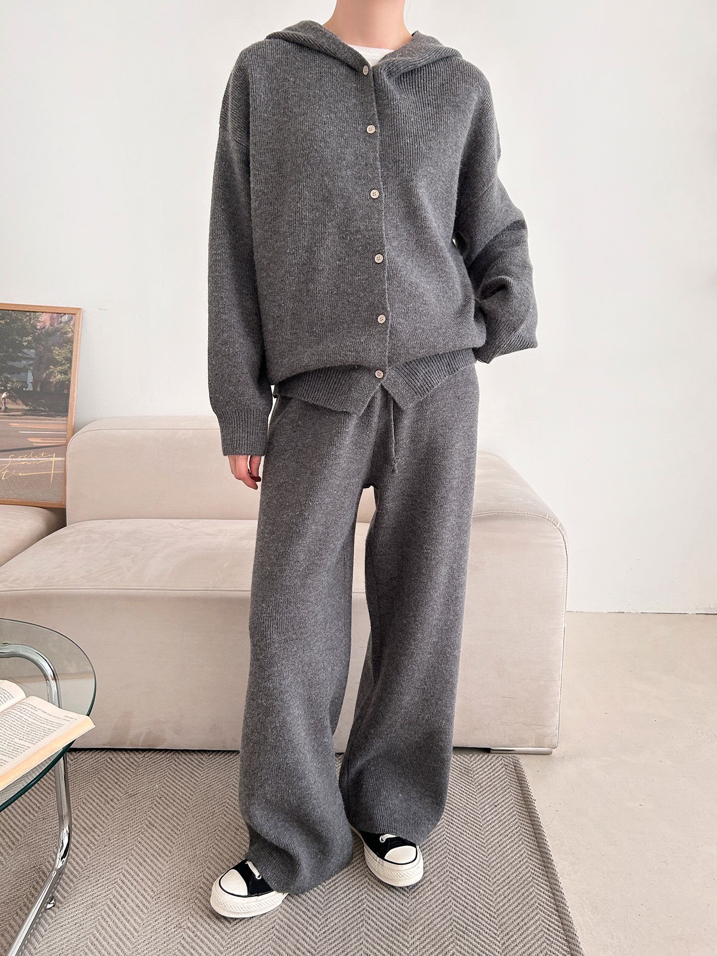 ニットボタンフードウエストゴムルーズ長袖セットアップパンツジップパーカー | 詳細画像10