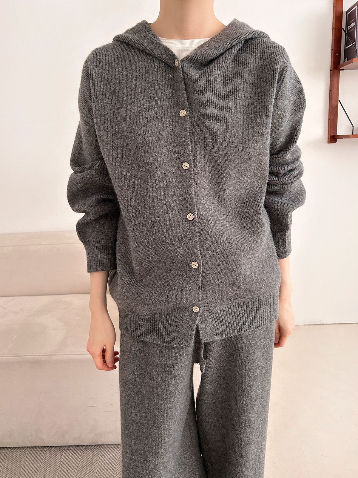 ニットボタンフードウエストゴムルーズ長袖セットアップパンツジップパーカー | 詳細画像11