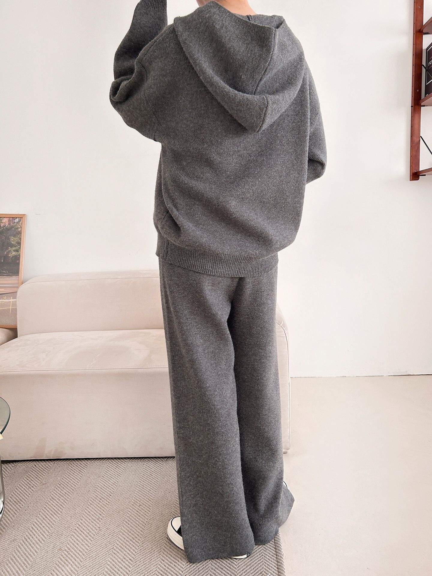 ニットボタンフードウエストゴムルーズ長袖セットアップパンツジップパーカー | 詳細画像13