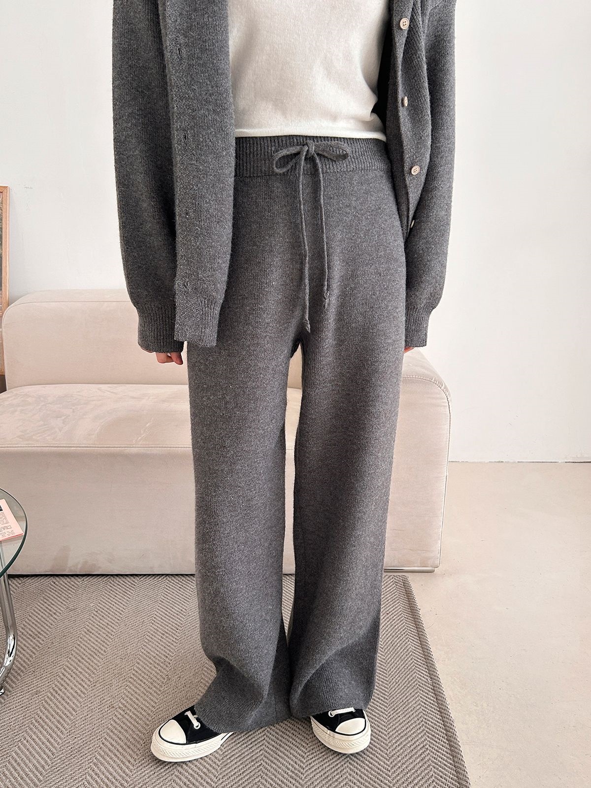 ニットボタンフードウエストゴムルーズ長袖セットアップパンツジップパーカー | 詳細画像14