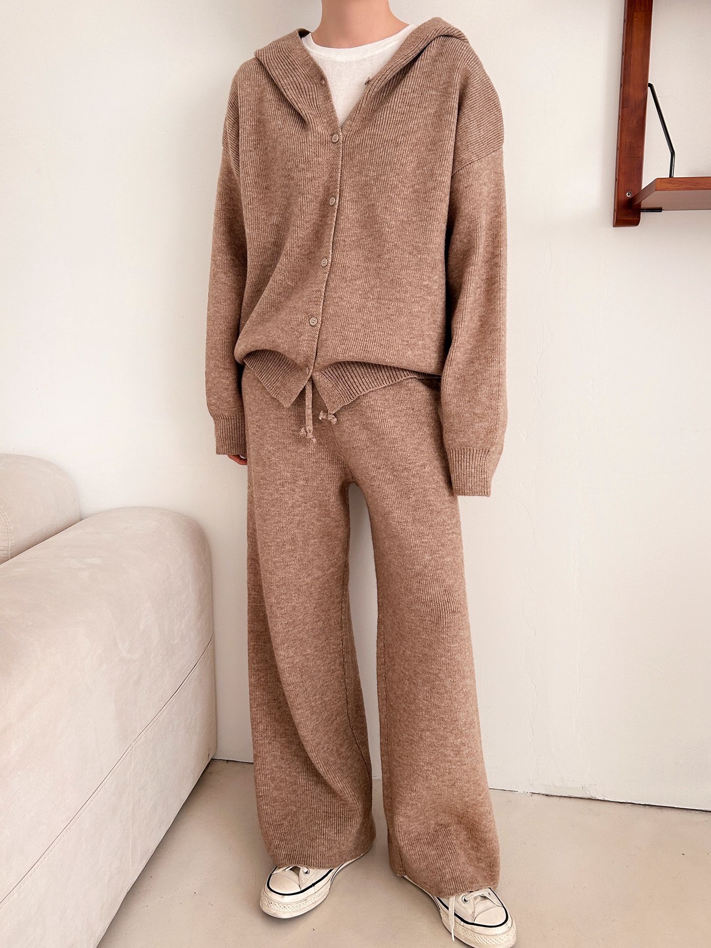 ニットボタンフードウエストゴムルーズ長袖セットアップパンツジップパーカー | 詳細画像15