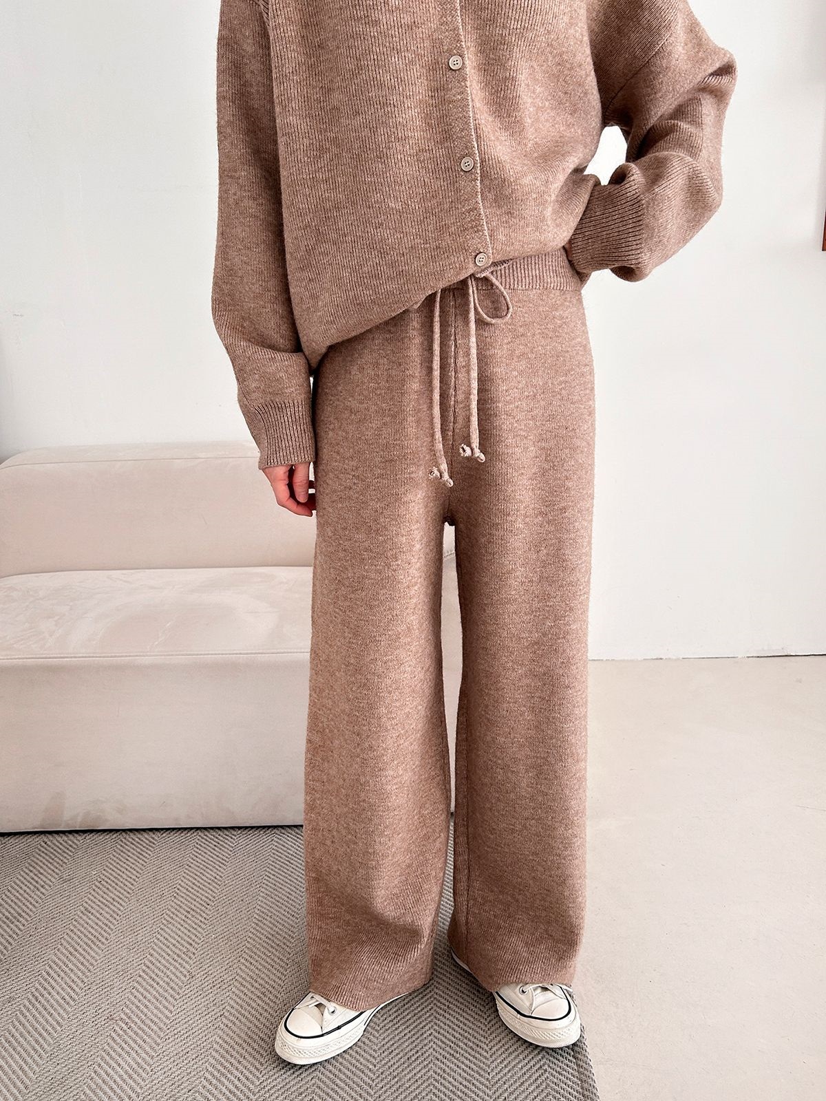 ニットボタンフードウエストゴムルーズ長袖セットアップパンツジップパーカー | 詳細画像16