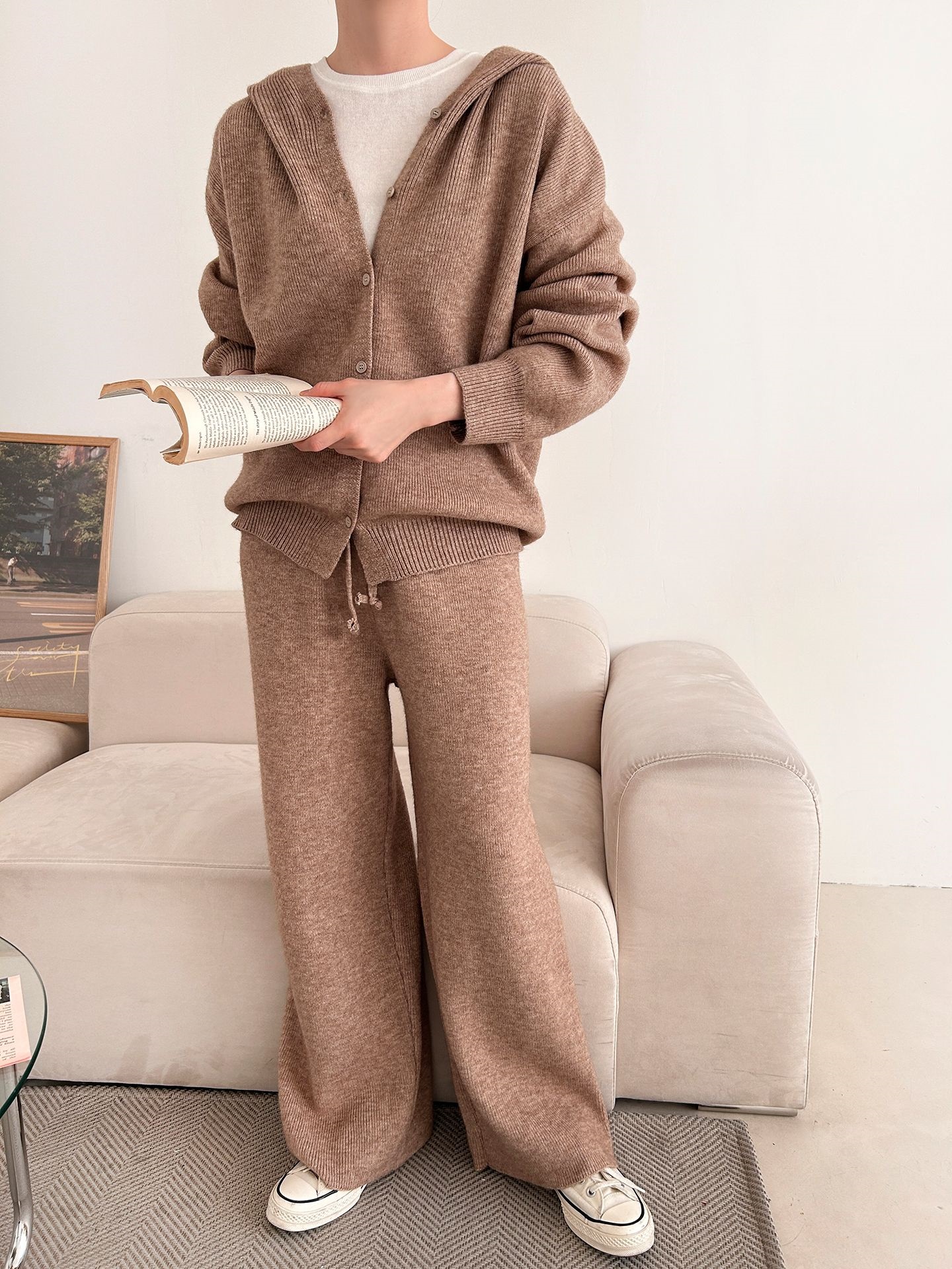 ニットボタンフードウエストゴムルーズ長袖セットアップパンツジップパーカー | 詳細画像17