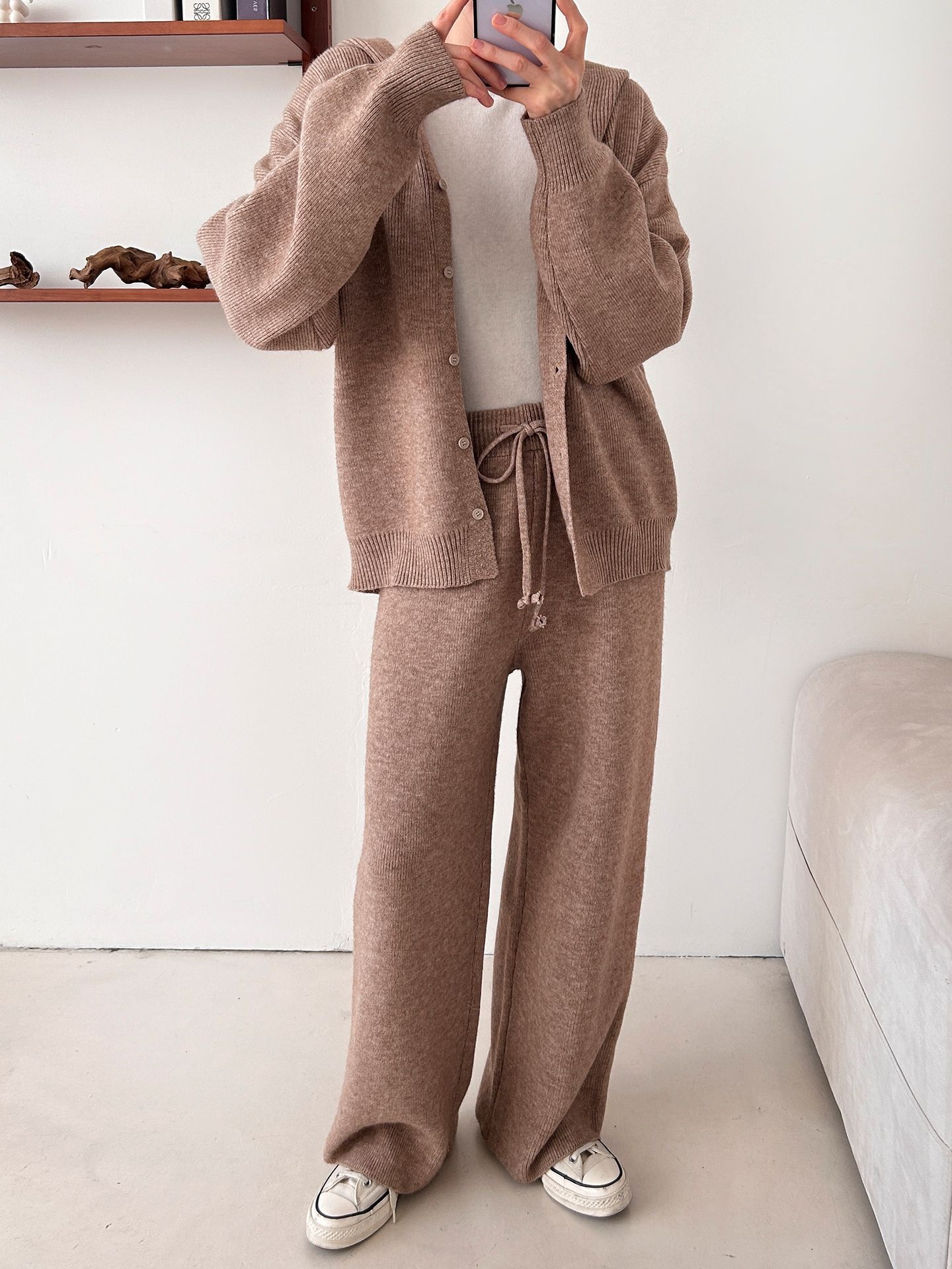 ニットボタンフードウエストゴムルーズ長袖セットアップパンツジップパーカー | 詳細画像18