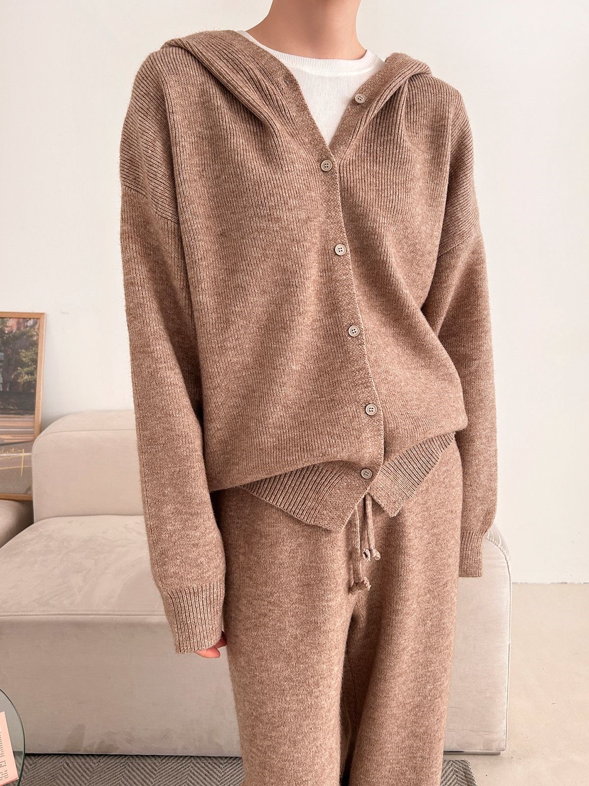 ニットボタンフードウエストゴムルーズ長袖セットアップパンツジップパーカー | 詳細画像20