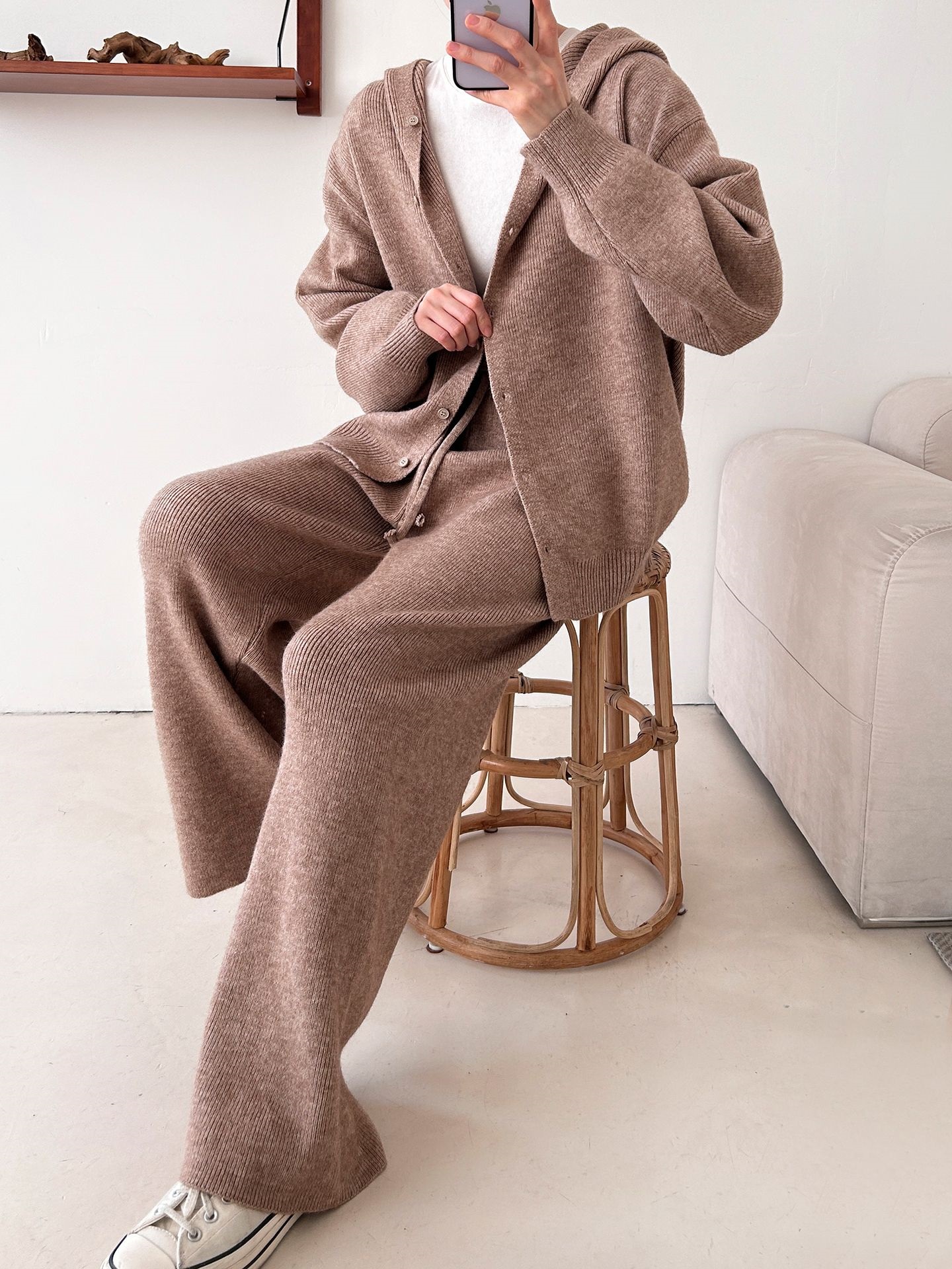 ニットボタンフードウエストゴムルーズ長袖セットアップパンツジップパーカー | 詳細画像21