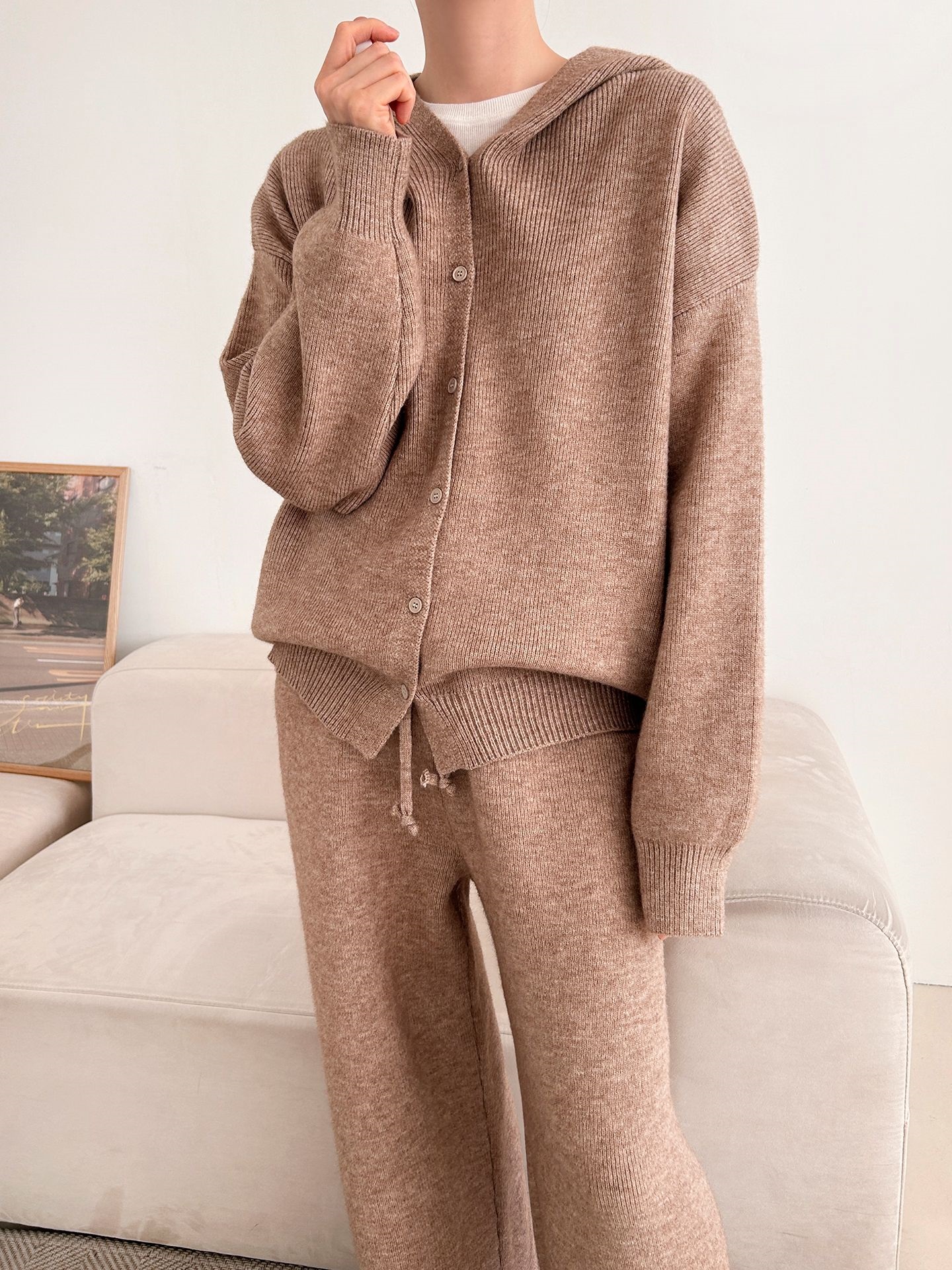 ニットボタンフードウエストゴムルーズ長袖セットアップパンツジップパーカー | 詳細画像22