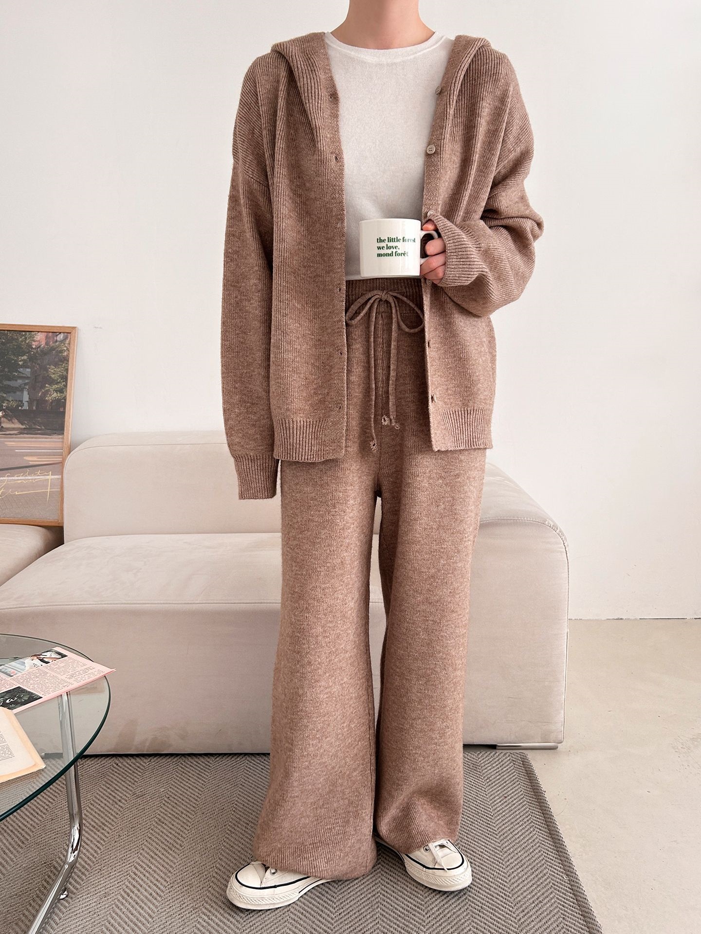 ニットボタンフードウエストゴムルーズ長袖セットアップパンツジップパーカー | 詳細画像23