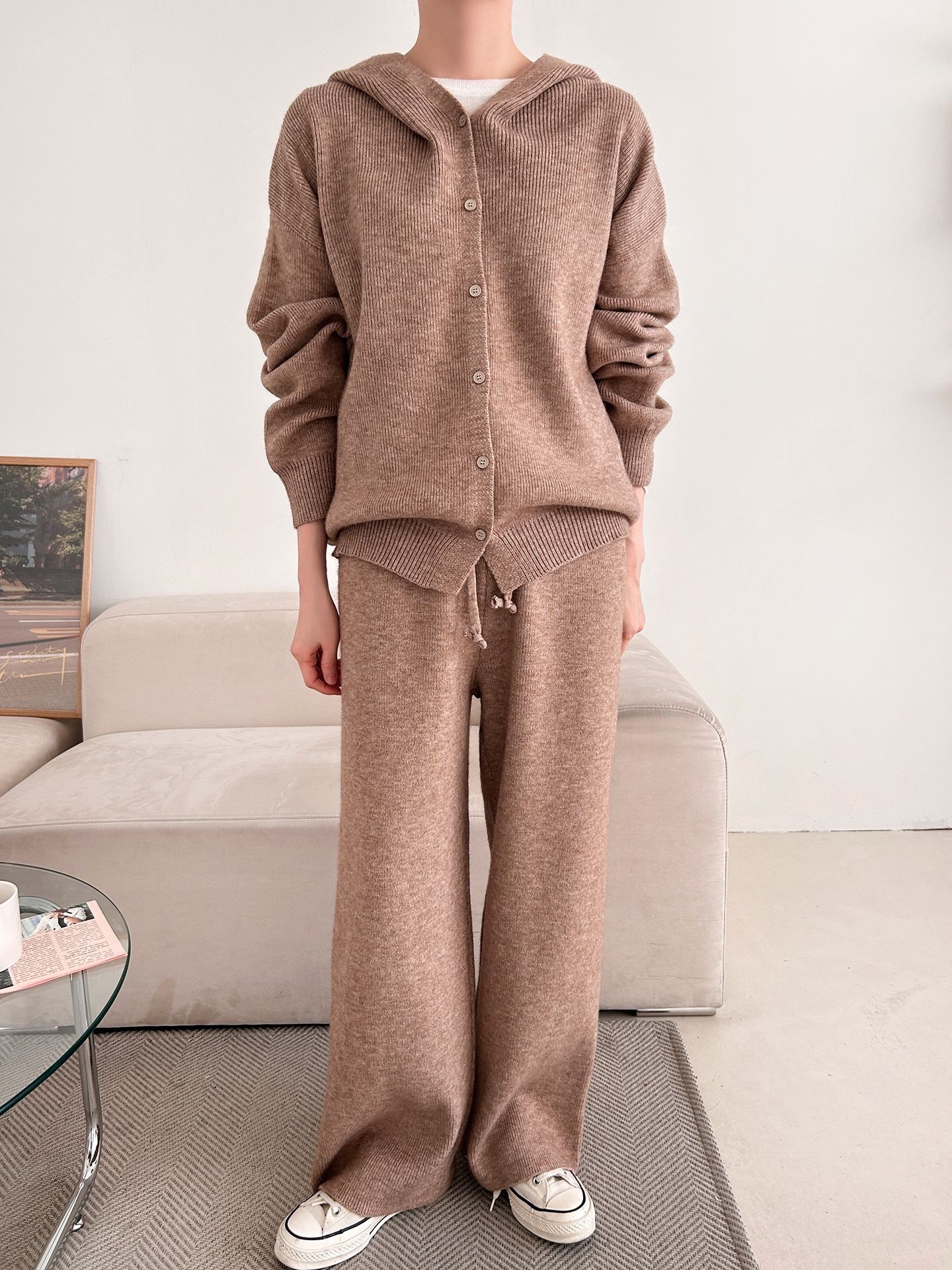 ニットボタンフードウエストゴムルーズ長袖セットアップパンツジップパーカー | 詳細画像24