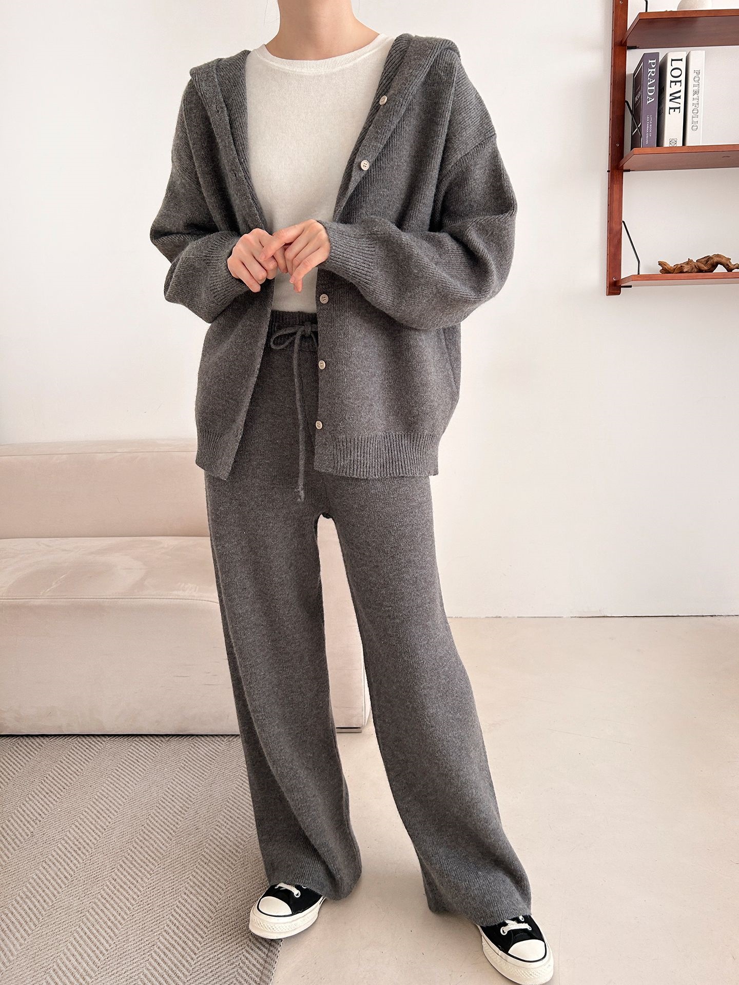 ニットボタンフードウエストゴムルーズ長袖セットアップパンツジップパーカー | 詳細画像25