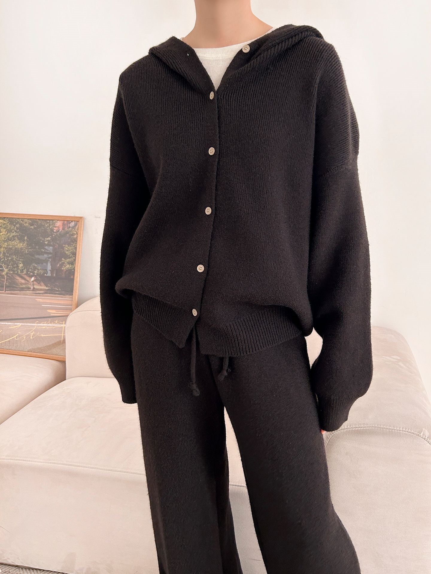 ニットボタンフードウエストゴムルーズ長袖セットアップパンツジップパーカー | 詳細画像26