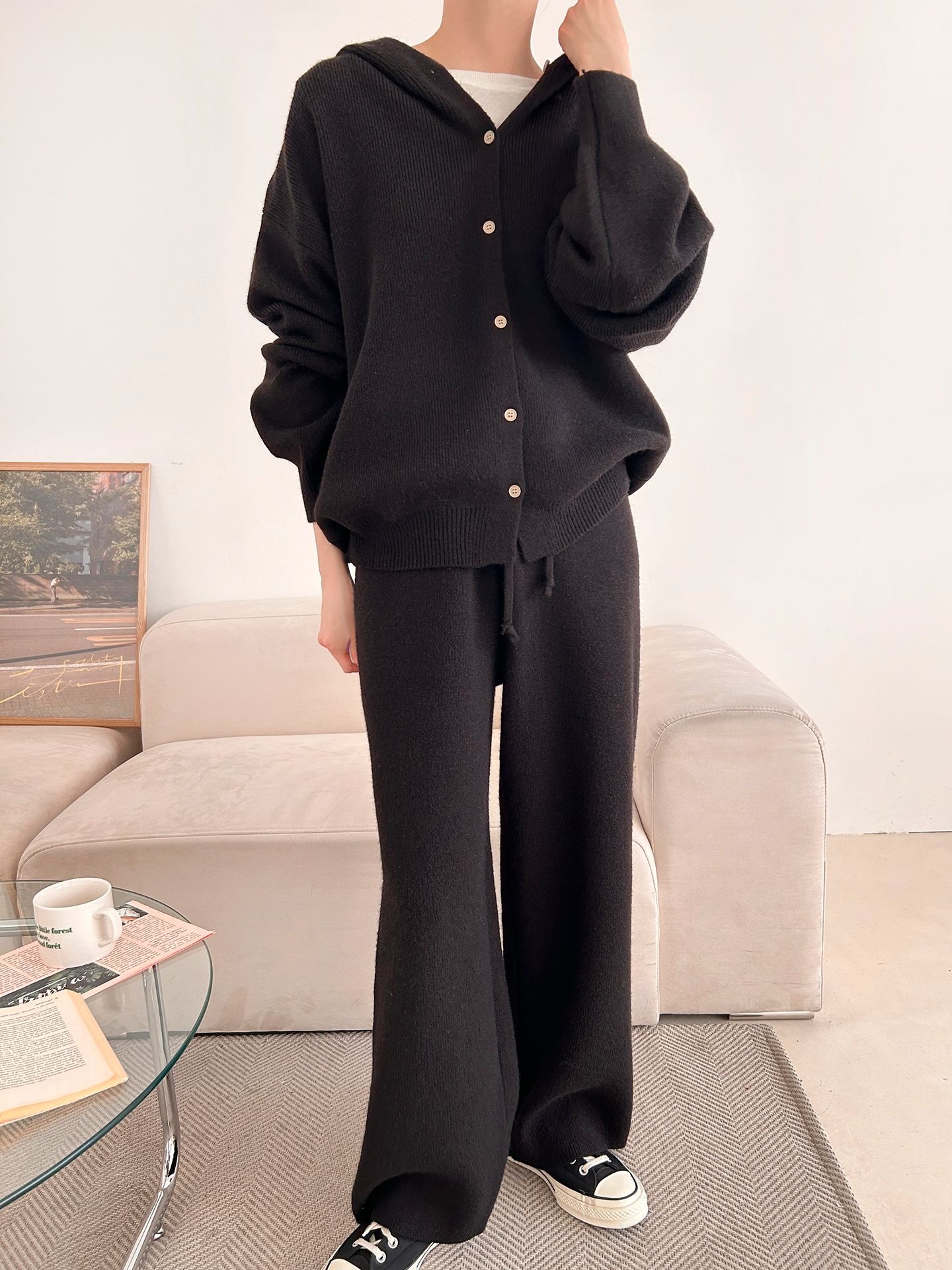 ニットボタンフードウエストゴムルーズ長袖セットアップパンツジップパーカー | 詳細画像28