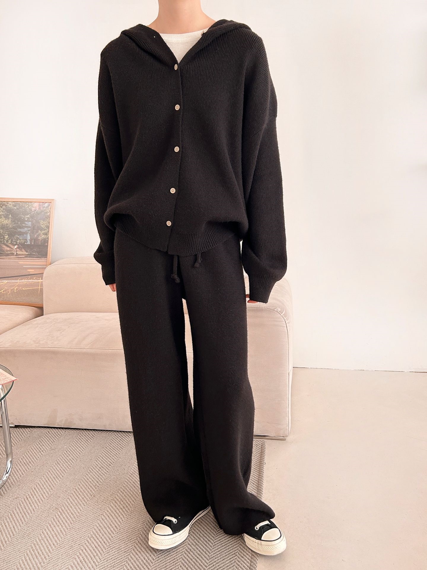 ニットボタンフードウエストゴムルーズ長袖セットアップパンツジップパーカー | 詳細画像29