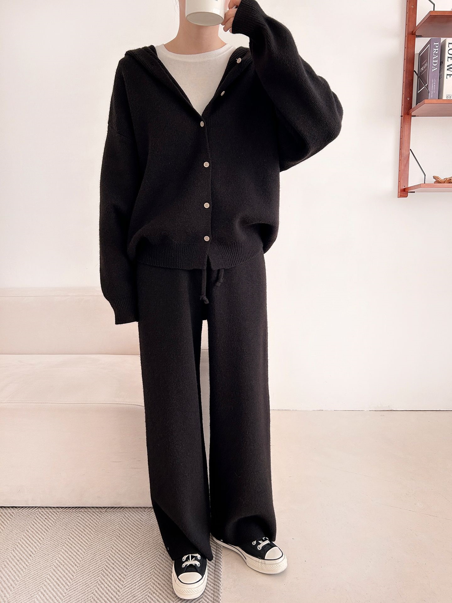 ニットボタンフードウエストゴムルーズ長袖セットアップパンツジップパーカー | 詳細画像30