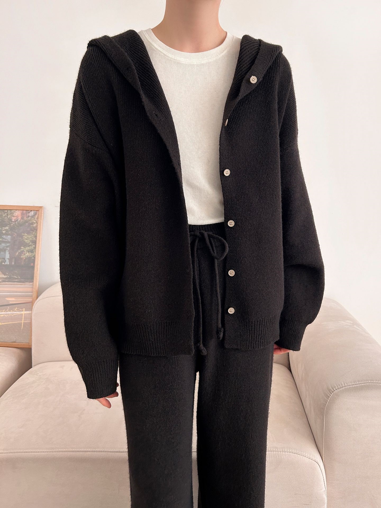 ニットボタンフードウエストゴムルーズ長袖セットアップパンツジップパーカー | 詳細画像31