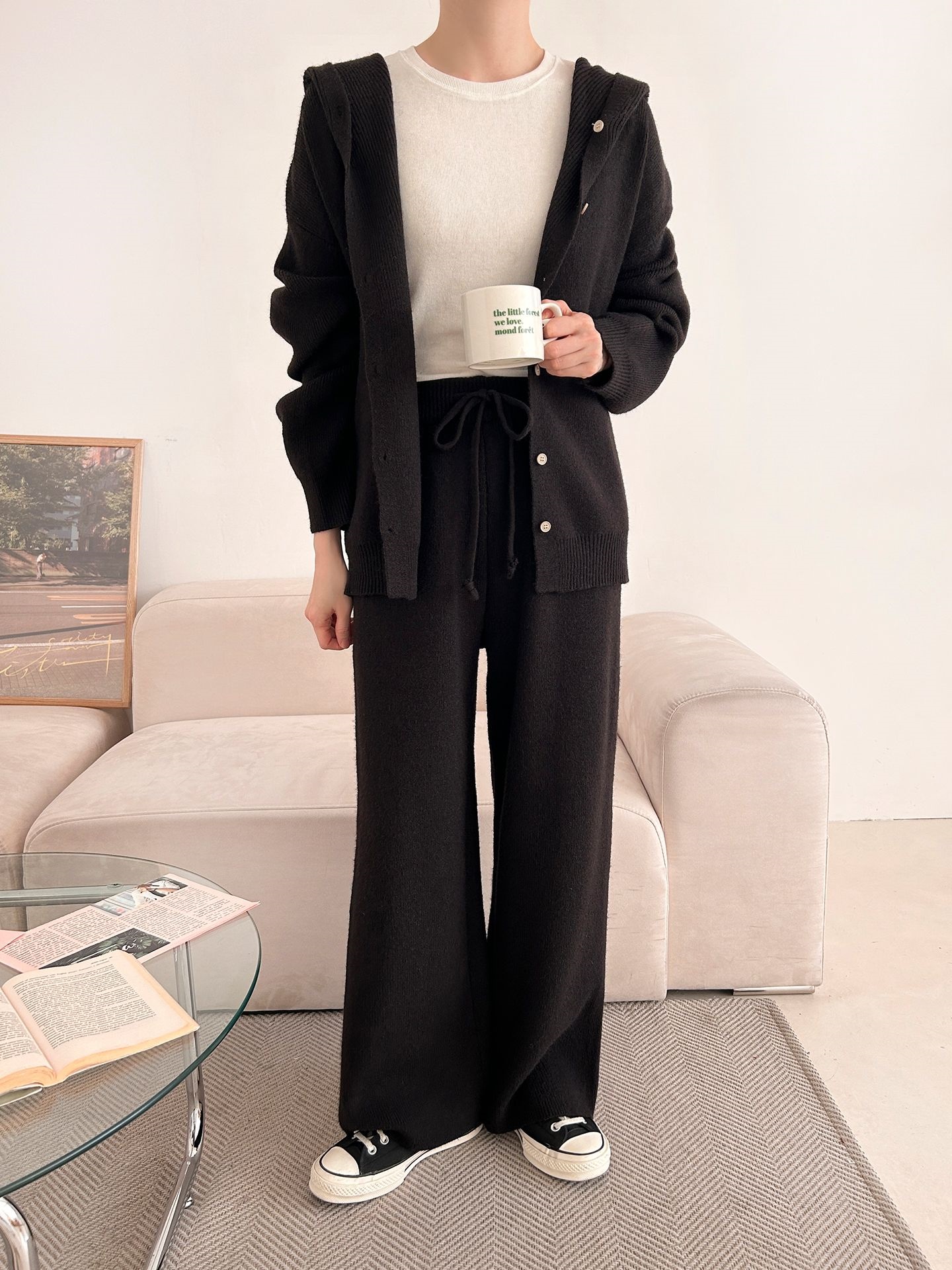 ニットボタンフードウエストゴムルーズ長袖セットアップパンツジップパーカー | 詳細画像32