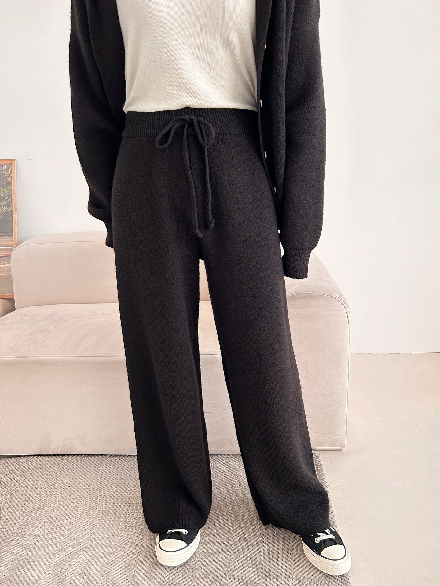 ニットボタンフードウエストゴムルーズ長袖セットアップパンツジップパーカー | 詳細画像33