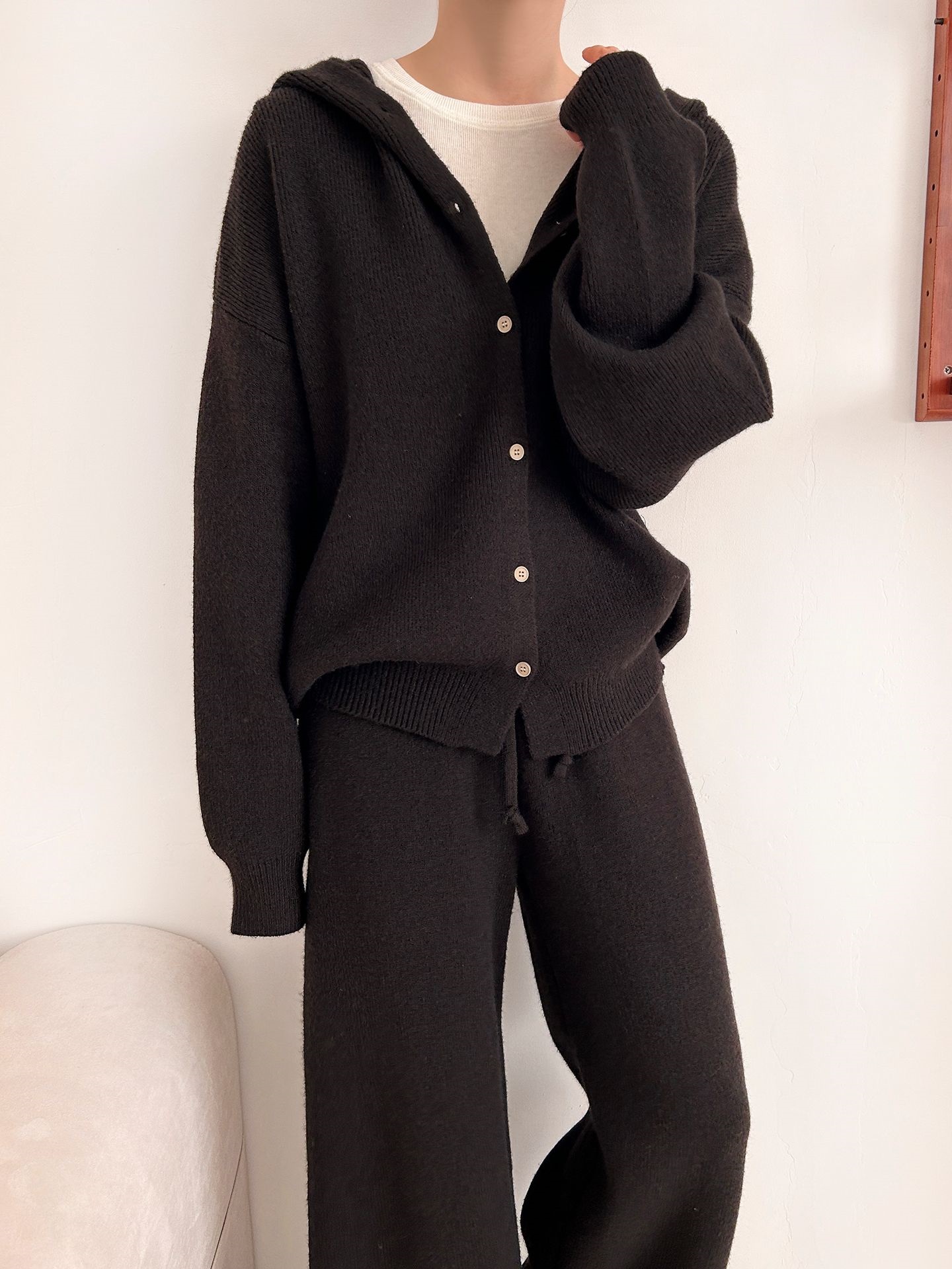 ニットボタンフードウエストゴムルーズ長袖セットアップパンツジップパーカー | 詳細画像34