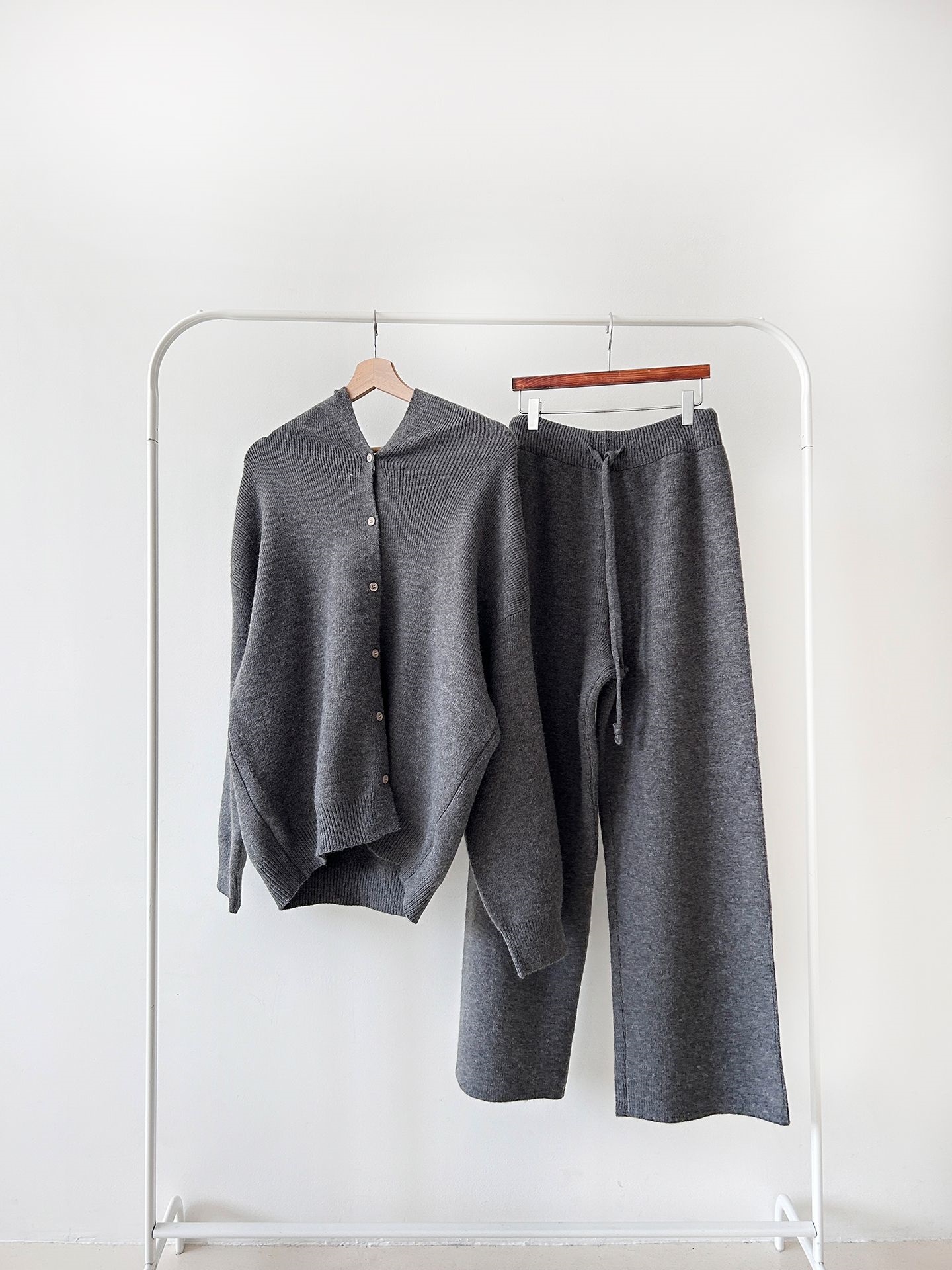 ニットボタンフードウエストゴムルーズ長袖セットアップパンツジップパーカー | 詳細画像38