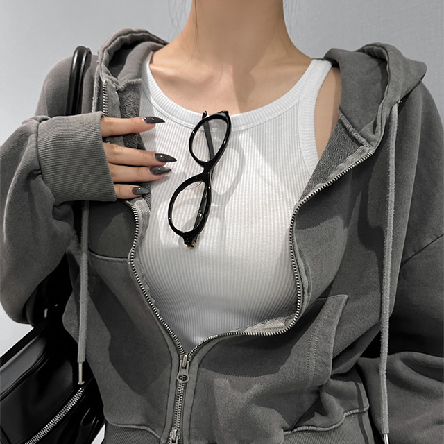 ダブルジップ長袖フードポケットクロップドジップパーカー