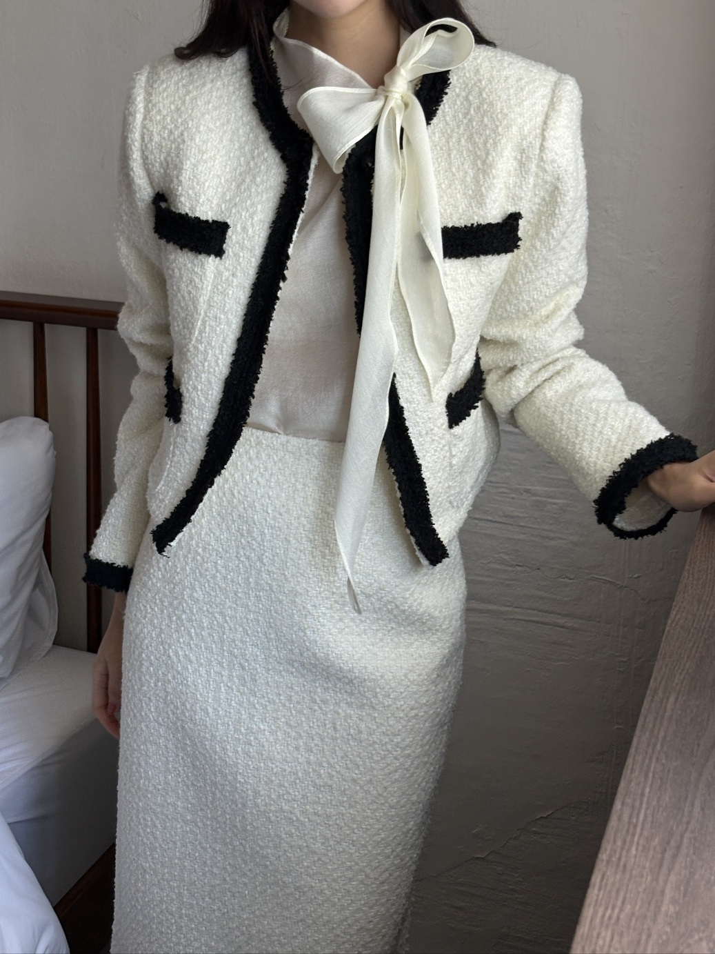 配色ジップアップラウンドネックスリットスリムロング長袖セットアップスカートジャケット | 詳細画像2