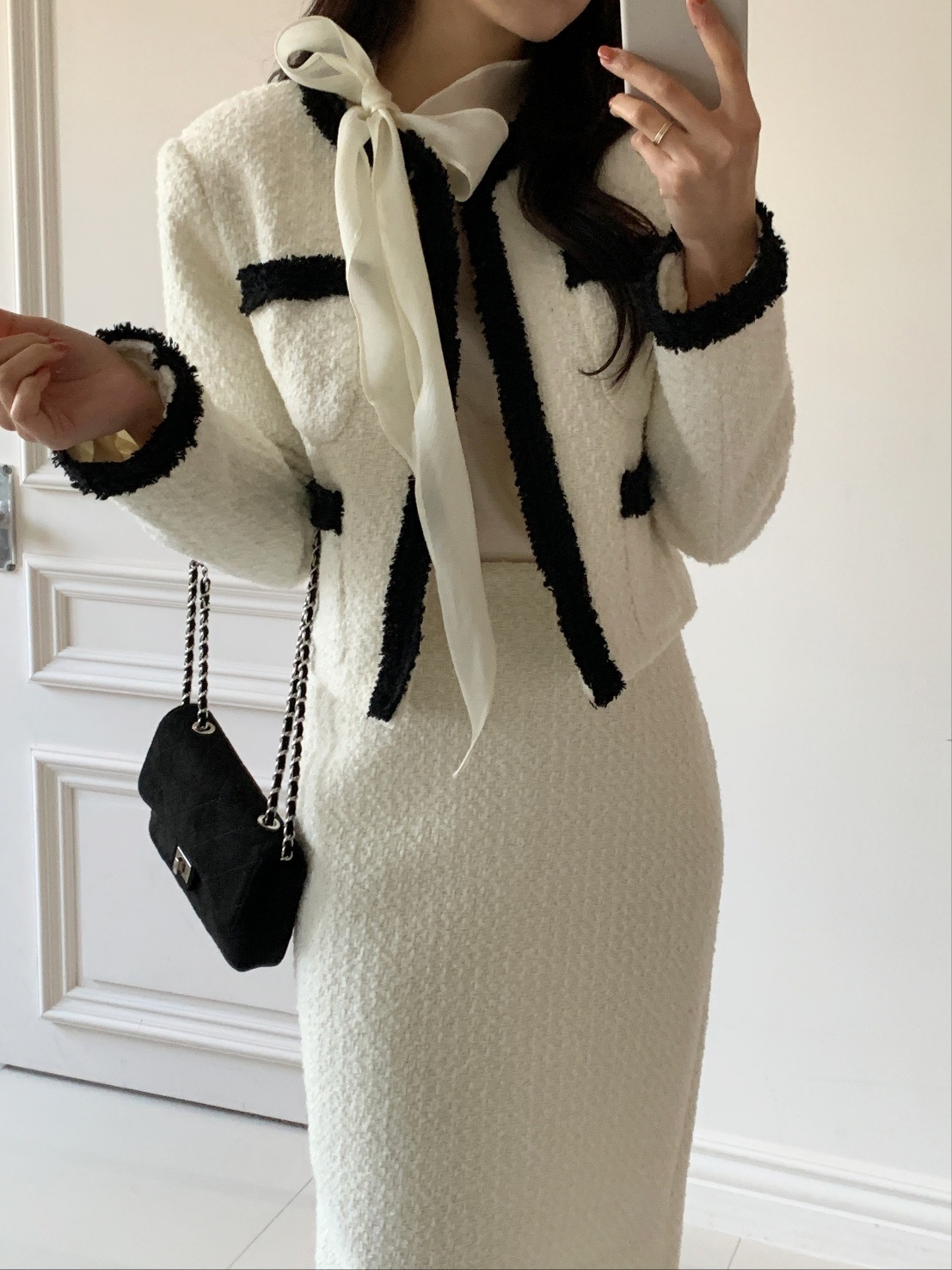 配色ジップアップラウンドネックスリットスリムロング長袖セットアップスカートジャケット | 詳細画像3