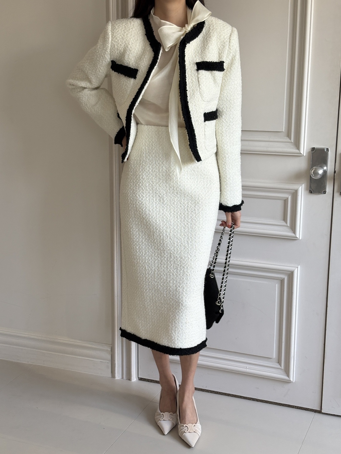 配色ジップアップラウンドネックスリットスリムロング長袖セットアップスカートジャケット | 詳細画像8