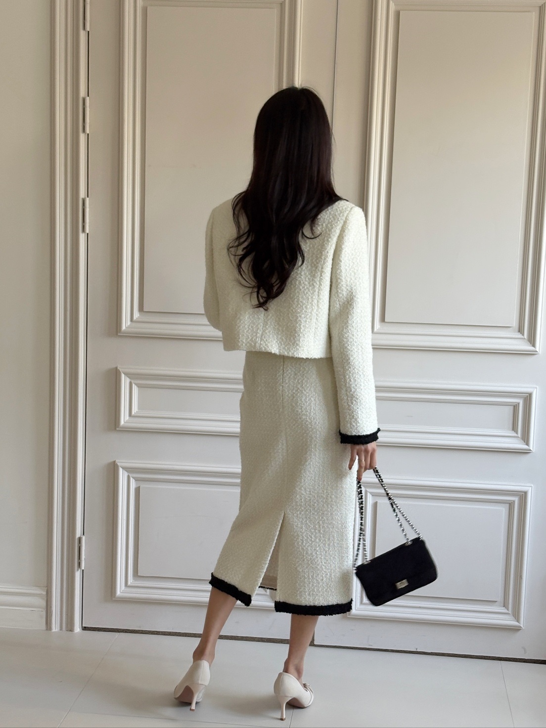 配色ジップアップラウンドネックスリットスリムロング長袖セットアップスカートジャケット | 詳細画像14