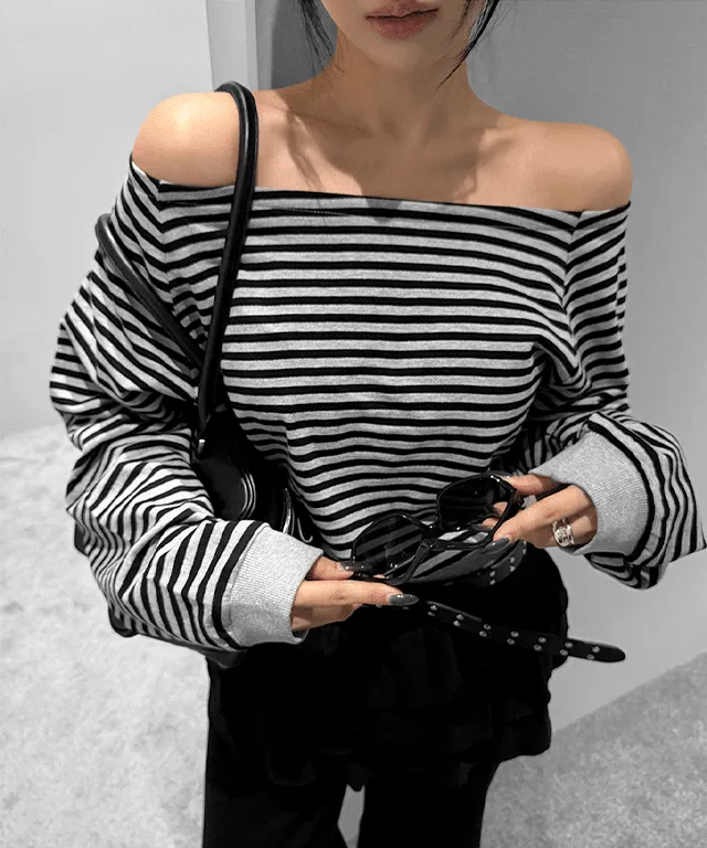 オフショルダールーズ長袖ボーダー配色Tシャツスウェット | vivnluv | 詳細画像1