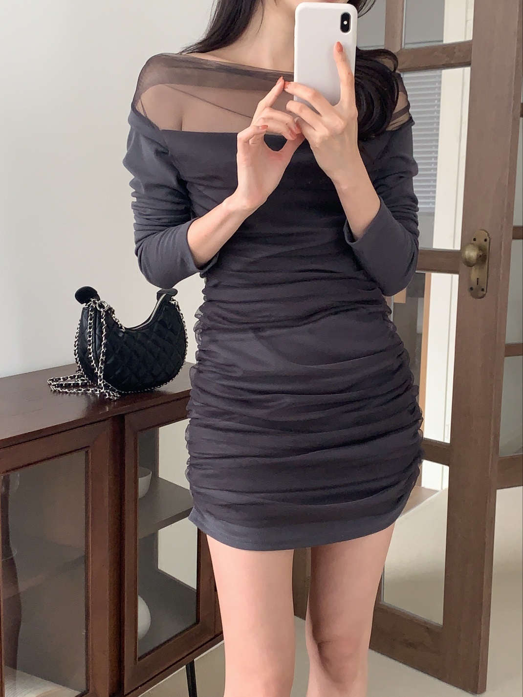 シフォンシースルーコンビスリム長袖ギャザーミニワンピース | 詳細画像4