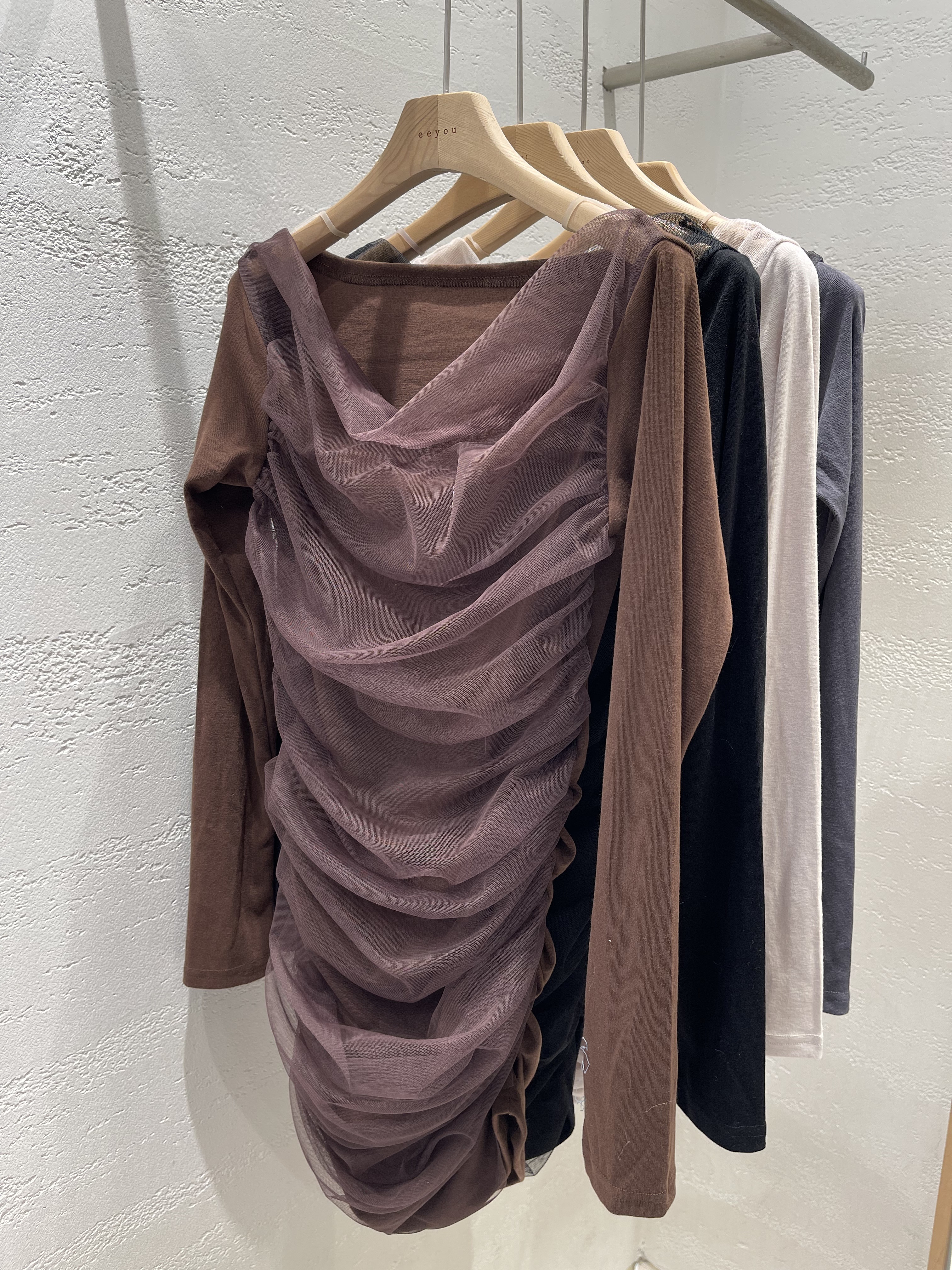 シフォンシースルーコンビスリム長袖ギャザーミニワンピース | 詳細画像21