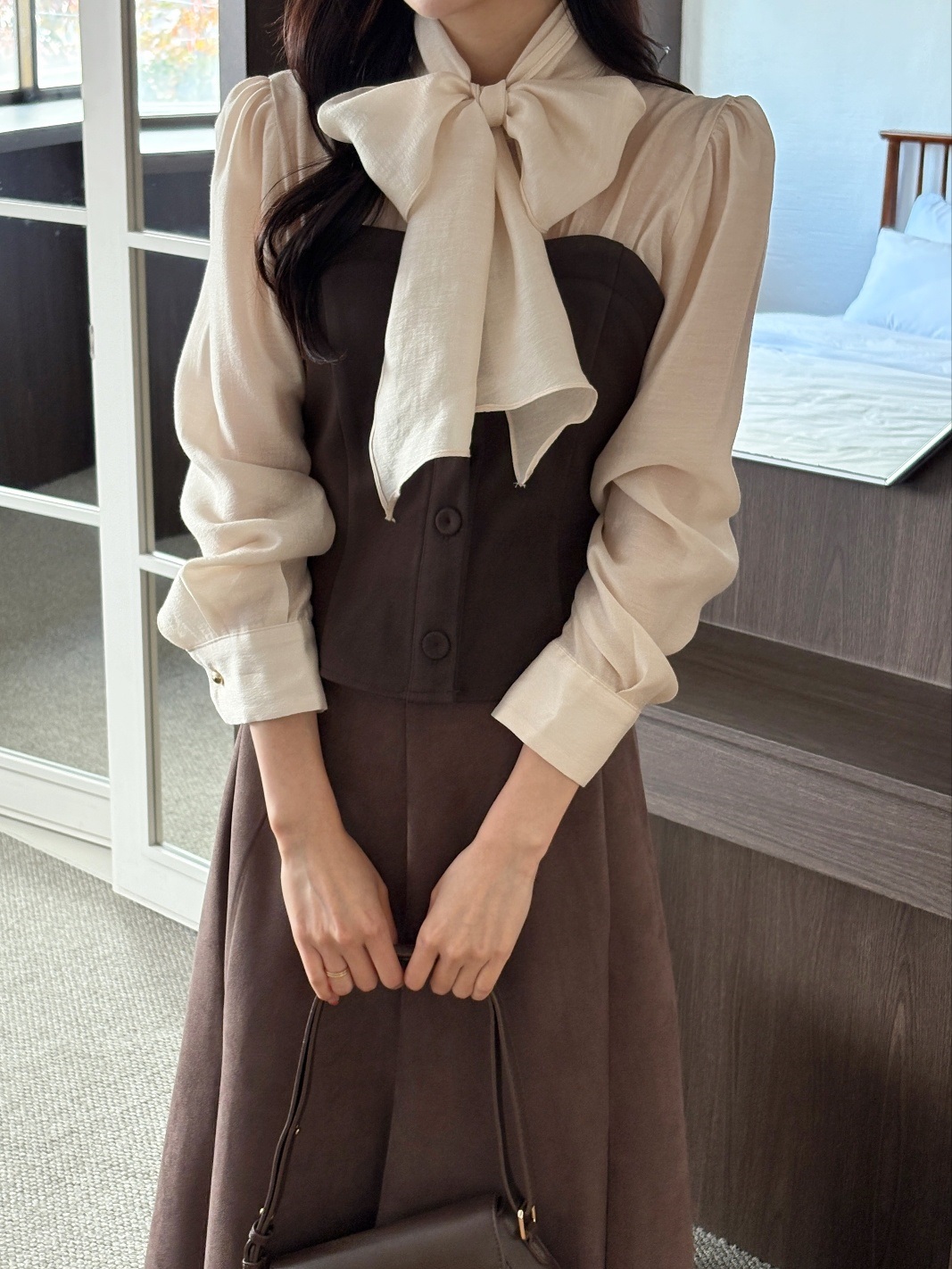 配色リボンスリム長袖ブラウス | 詳細画像3