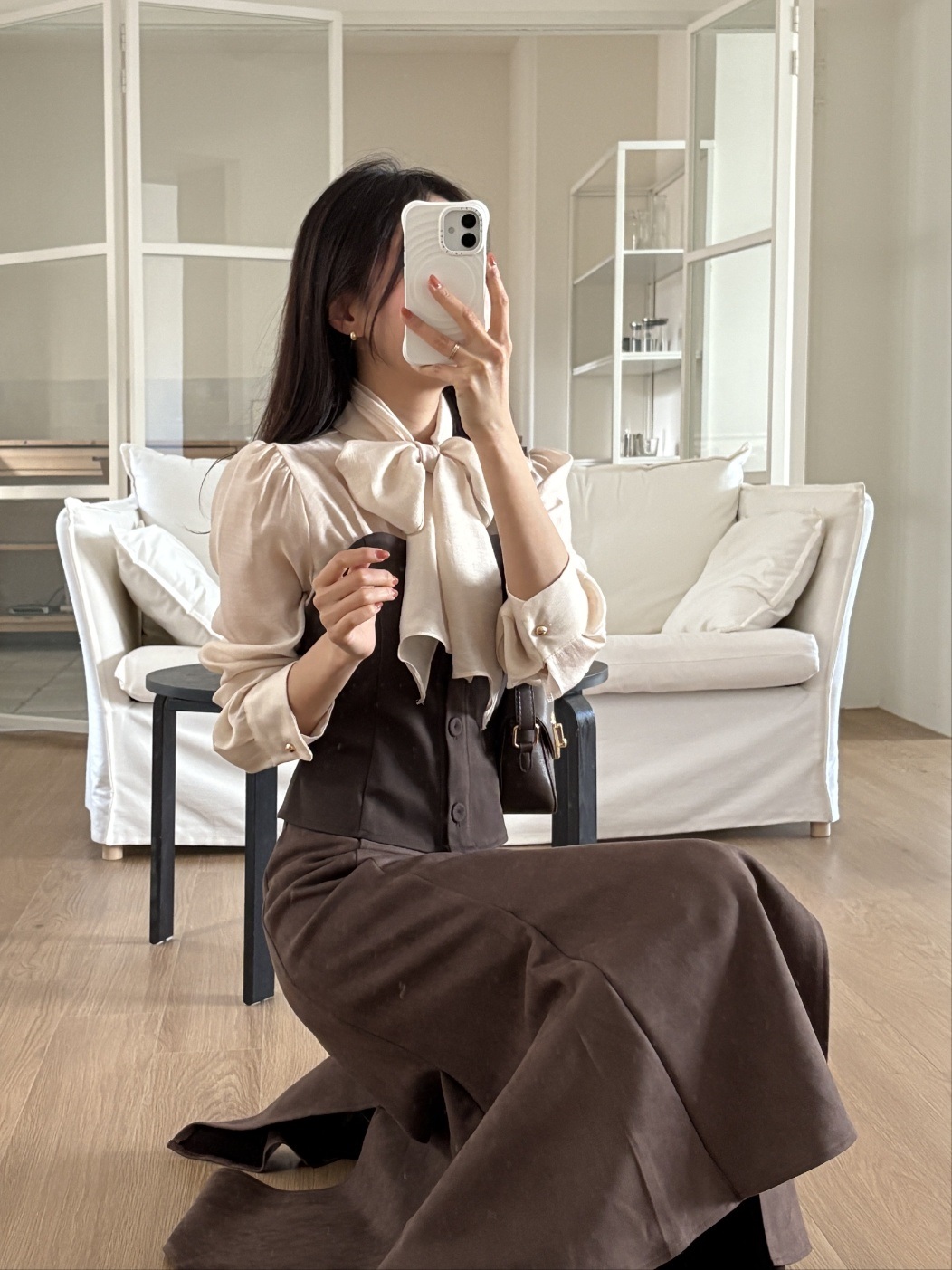 配色リボンスリム長袖ブラウス | 詳細画像5