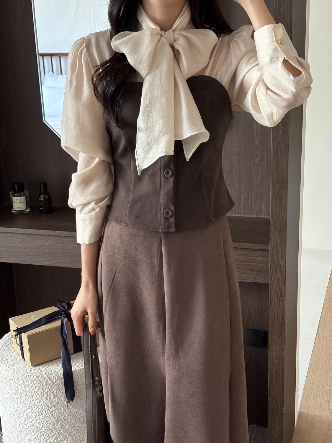 配色リボンスリム長袖ブラウス | 詳細画像12