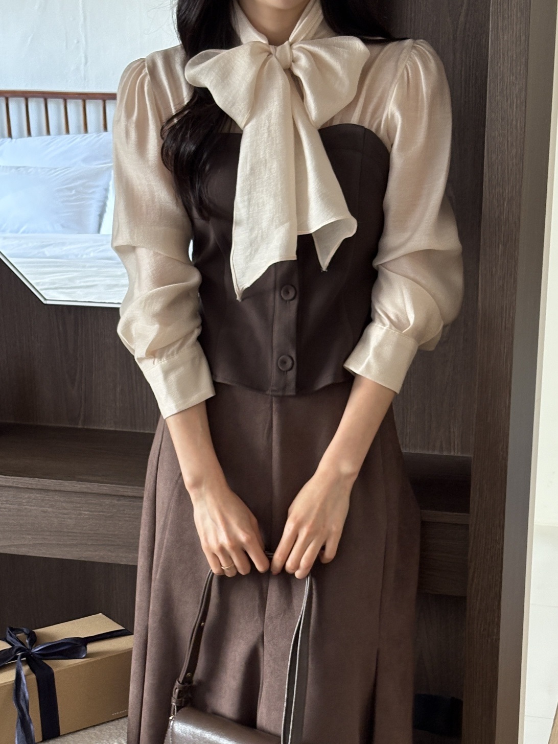 配色リボンスリム長袖ブラウス | 詳細画像13