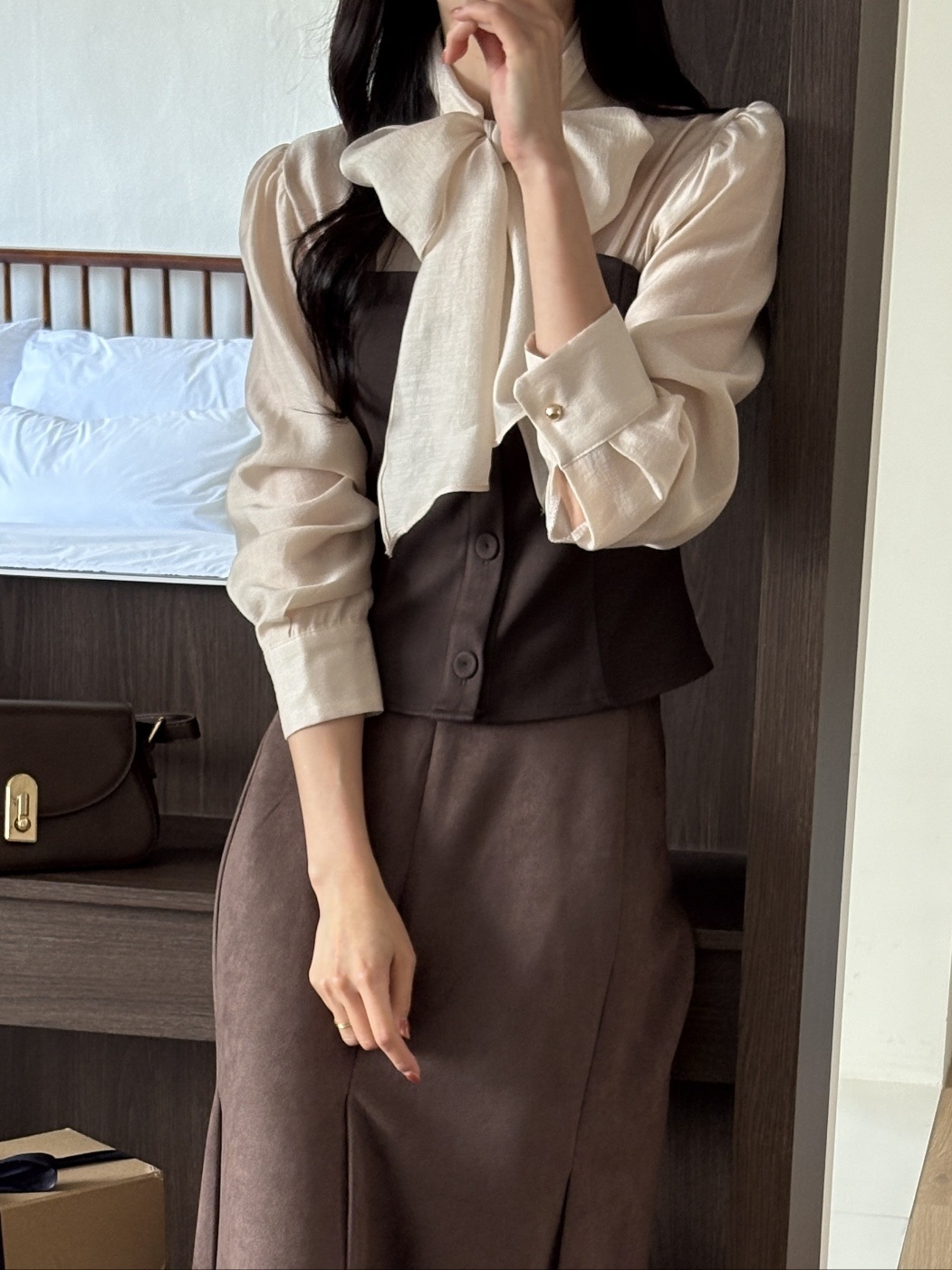 配色リボンスリム長袖ブラウス | 詳細画像14