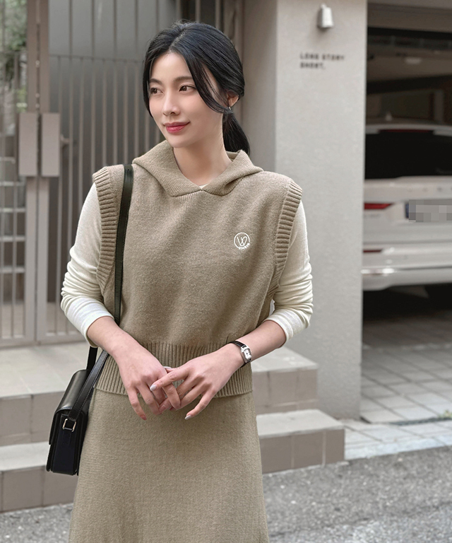 ニットフードウエストゴムスリムロング刺繍セットアップスカートベスト