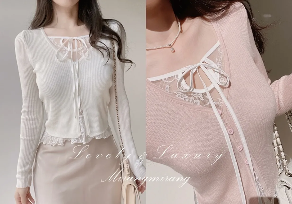 リブVネックリボンボタンレースTシャツ | mirangmirang | 詳細画像1