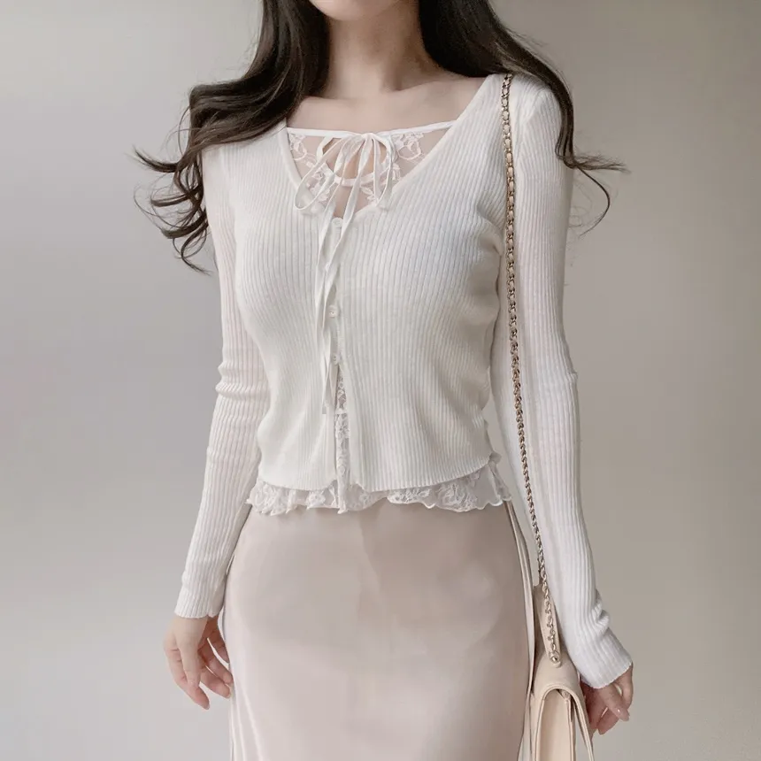 リブVネックリボンボタンレースTシャツ | mirangmirang | 詳細画像3