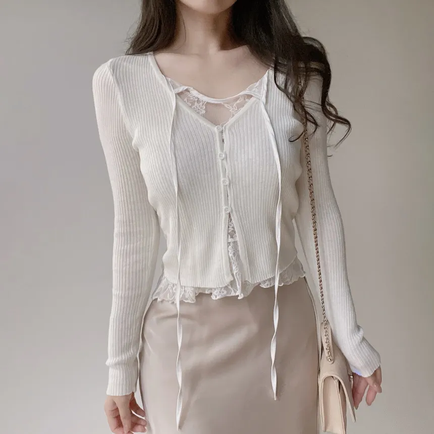 リブVネックリボンボタンレースTシャツ | mirangmirang | 詳細画像6