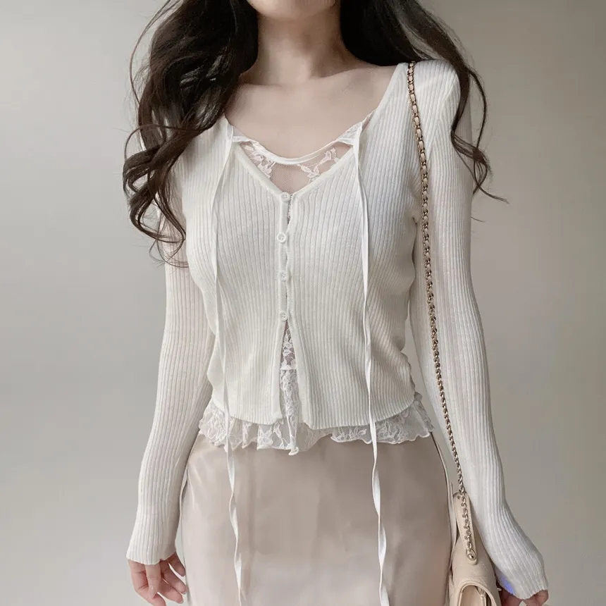 リブVネックリボンボタンレースTシャツ | mirangmirang | 詳細画像7