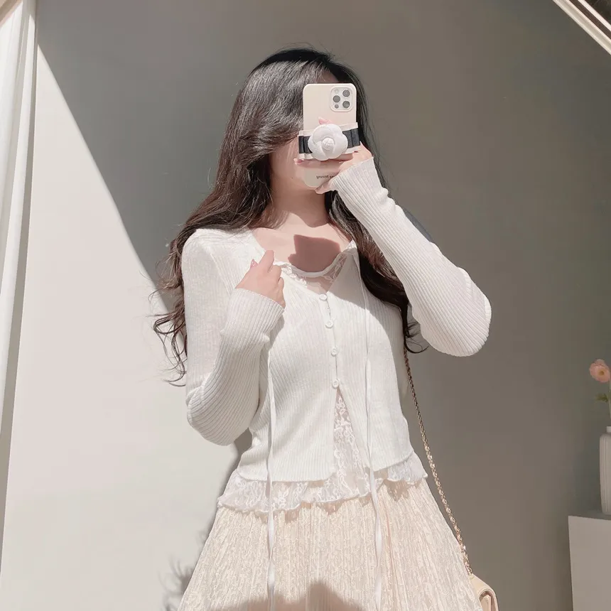 リブVネックリボンボタンレースTシャツ | mirangmirang | 詳細画像12