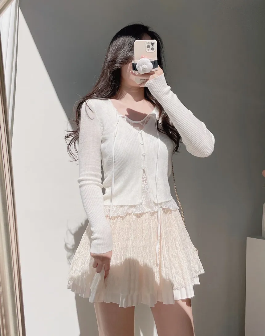 リブVネックリボンボタンレースTシャツ | mirangmirang | 詳細画像15